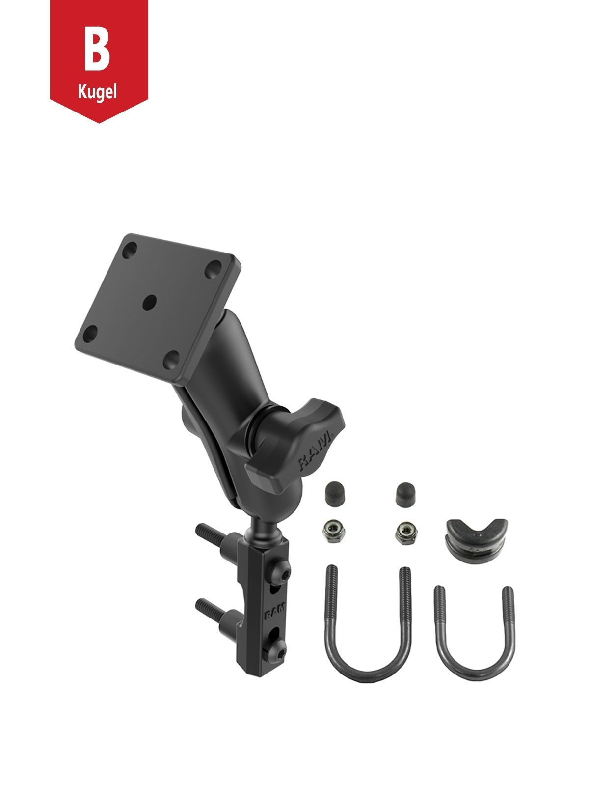 RAM Mounts Motorrad-Set für Lenker, Bremse & Kupplung - B-Kugel (1 Zoll) - 1x Rechteckige Basisplatte (AMPS) - Mittlerer Verbindungsarm (ca. 94,74 mm) - 1x U-Bügel Basis (Klemmbereich 12,7 - 31,75 mm)