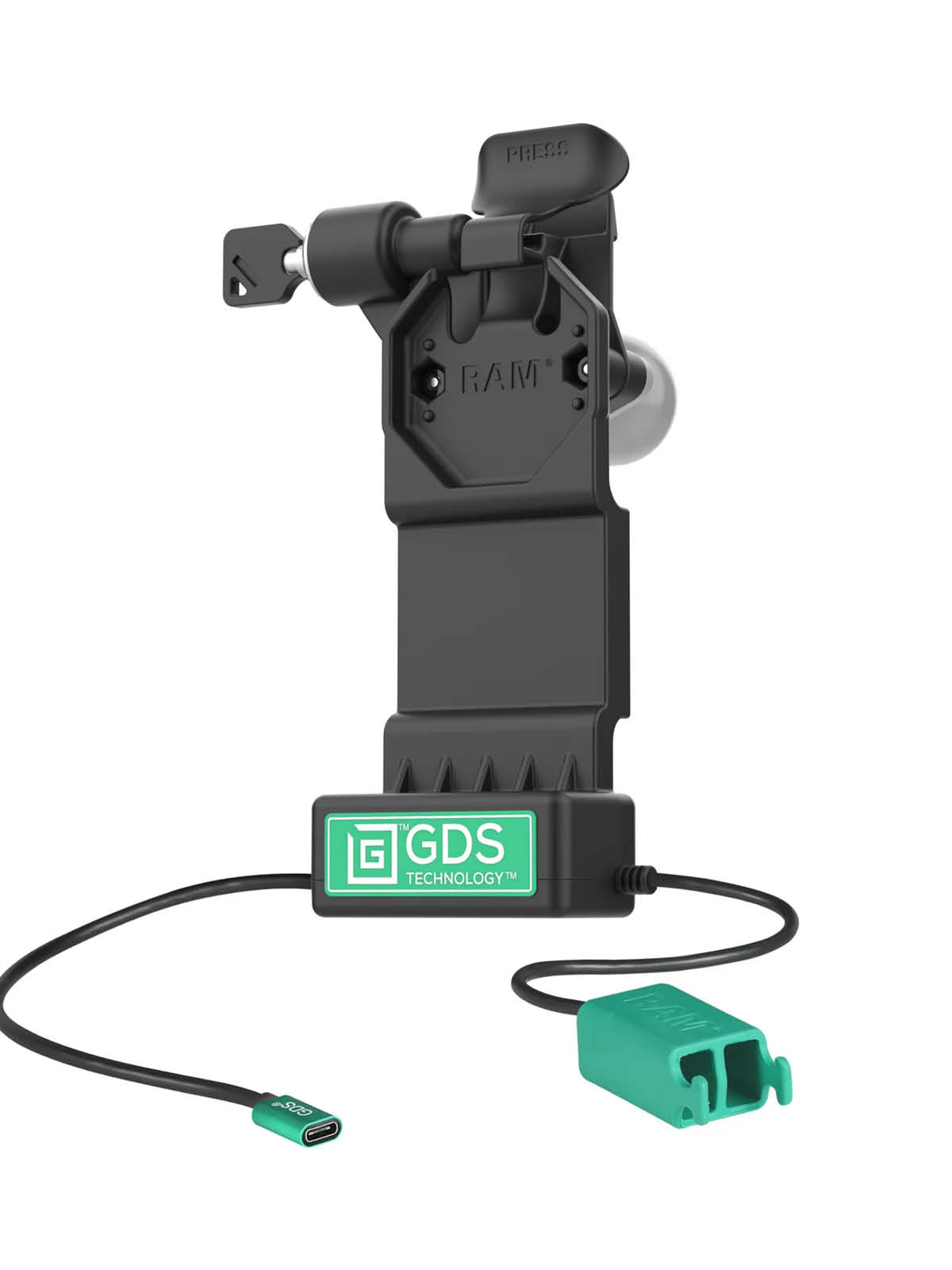 RAM Mounts GDS Uni-Conn Ladestation mit Schlüsselverriegelung (Links) - 2-Lochmuster AMPS - USB-C & Dual USB-A-Anschluss - Schrauben-Set