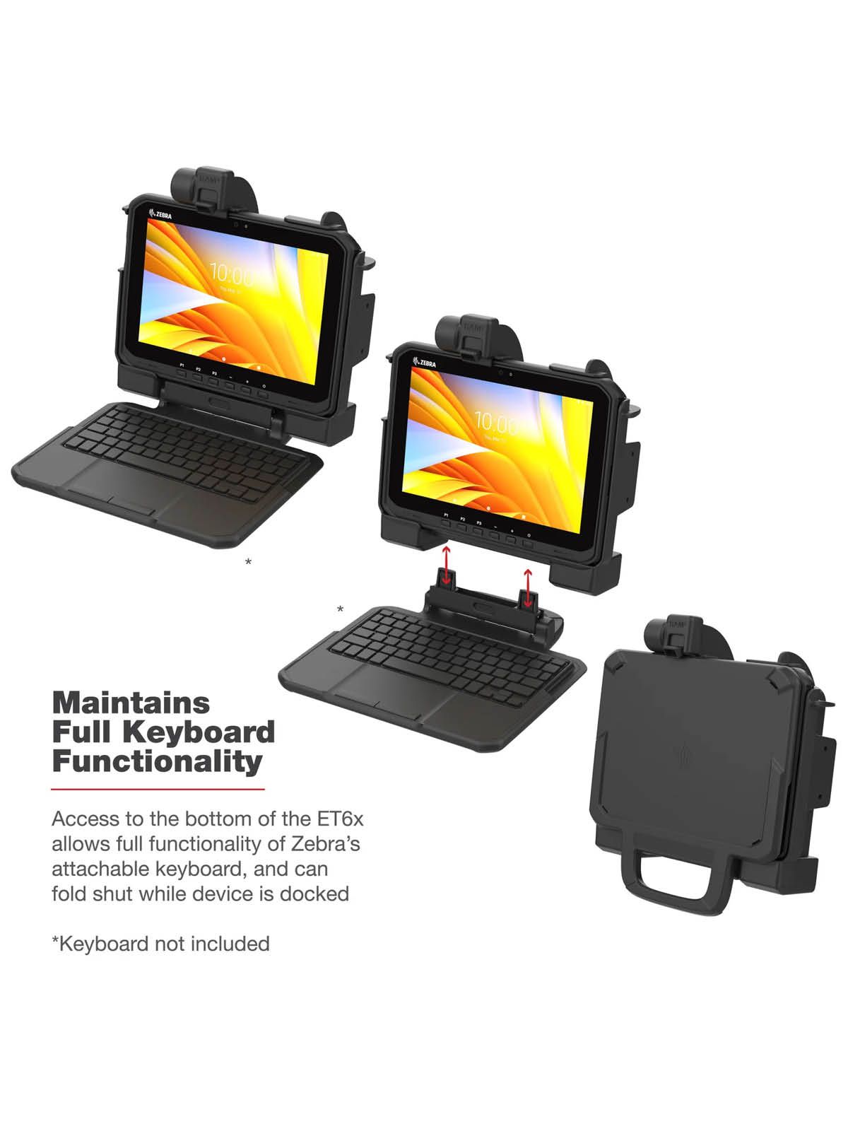 RAM Mounts Form-Fit Halteschale (Schlüsselverriegelung) für Zebra ET60 & ET65 Tablets - mit & ohne Tastatur - Beheizte Pogo-Pins - 5.5mm DC & USB-A-Anschluss