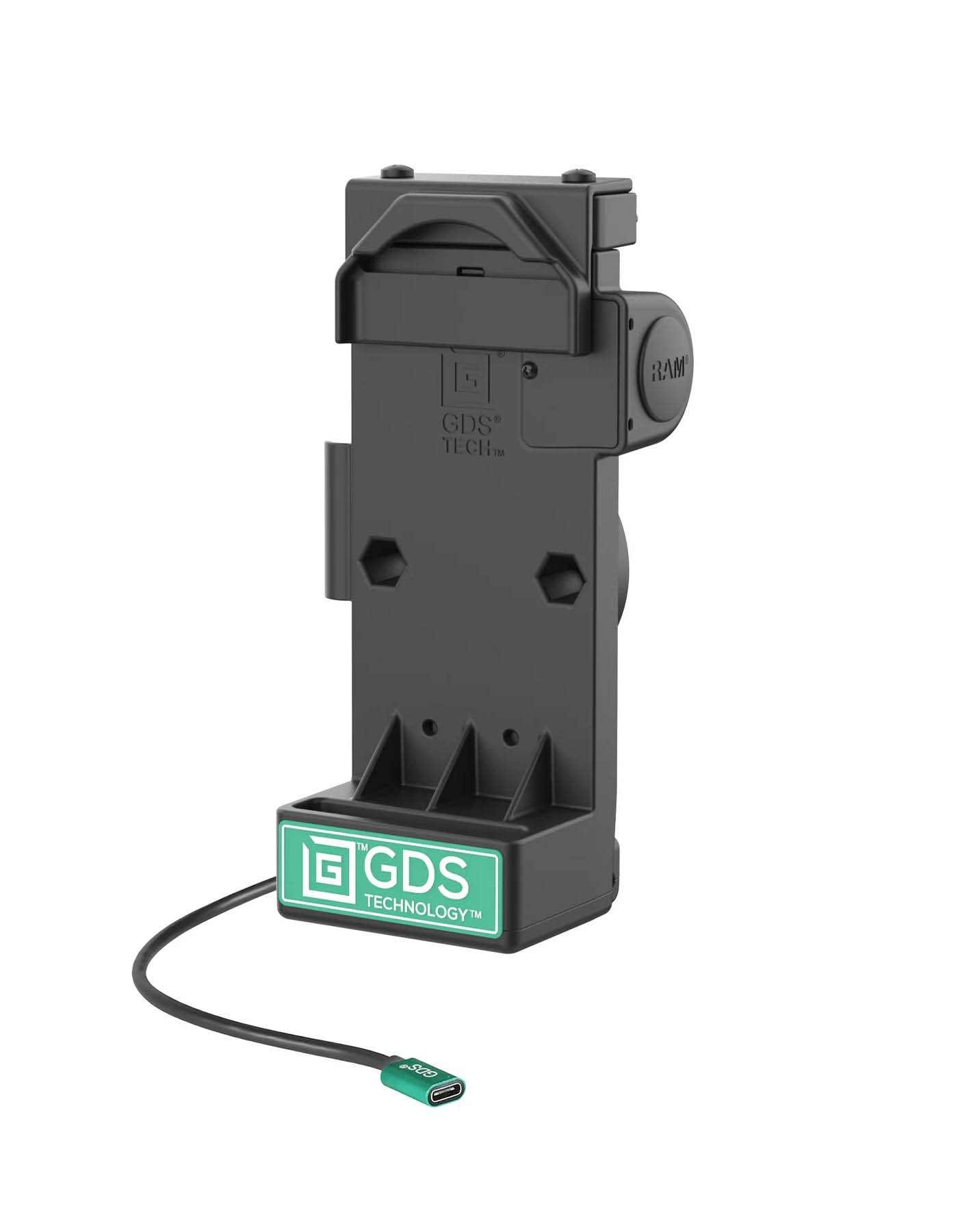 RAM Mounts GDS Uni-Conn Sprunggefederte Ladestation - 2-Lochmuster AMPS - USB-C-Anschluss - Schrauben-Set