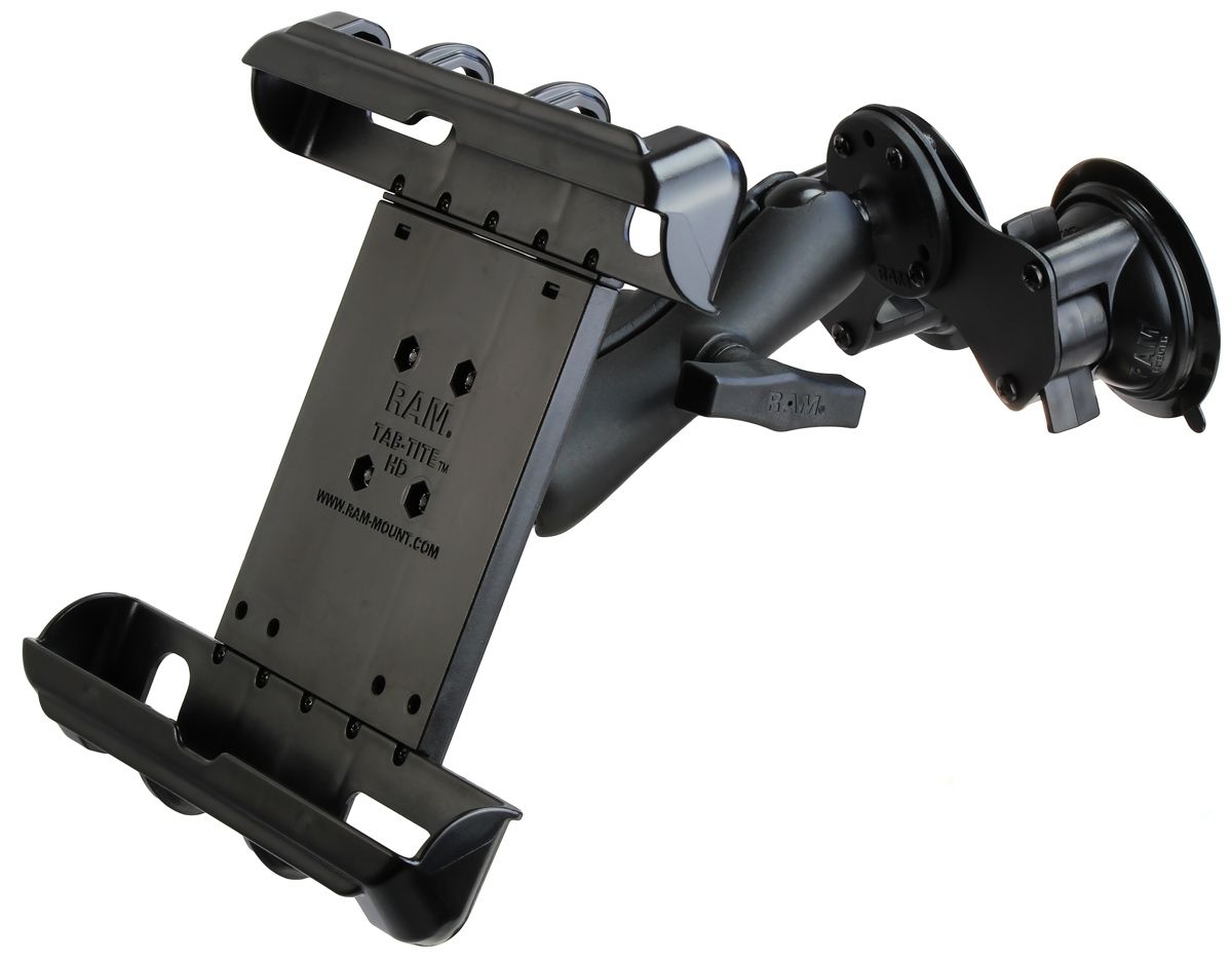 RAM Mounts Doppel-Saugfuss-Halterung für 10 Zoll Tablets - C-Kugel (1,5 Zoll), mittlerer Verbindungsarm, 2x runde Basisplatte (AMPS), Tab-Tite Halteschale