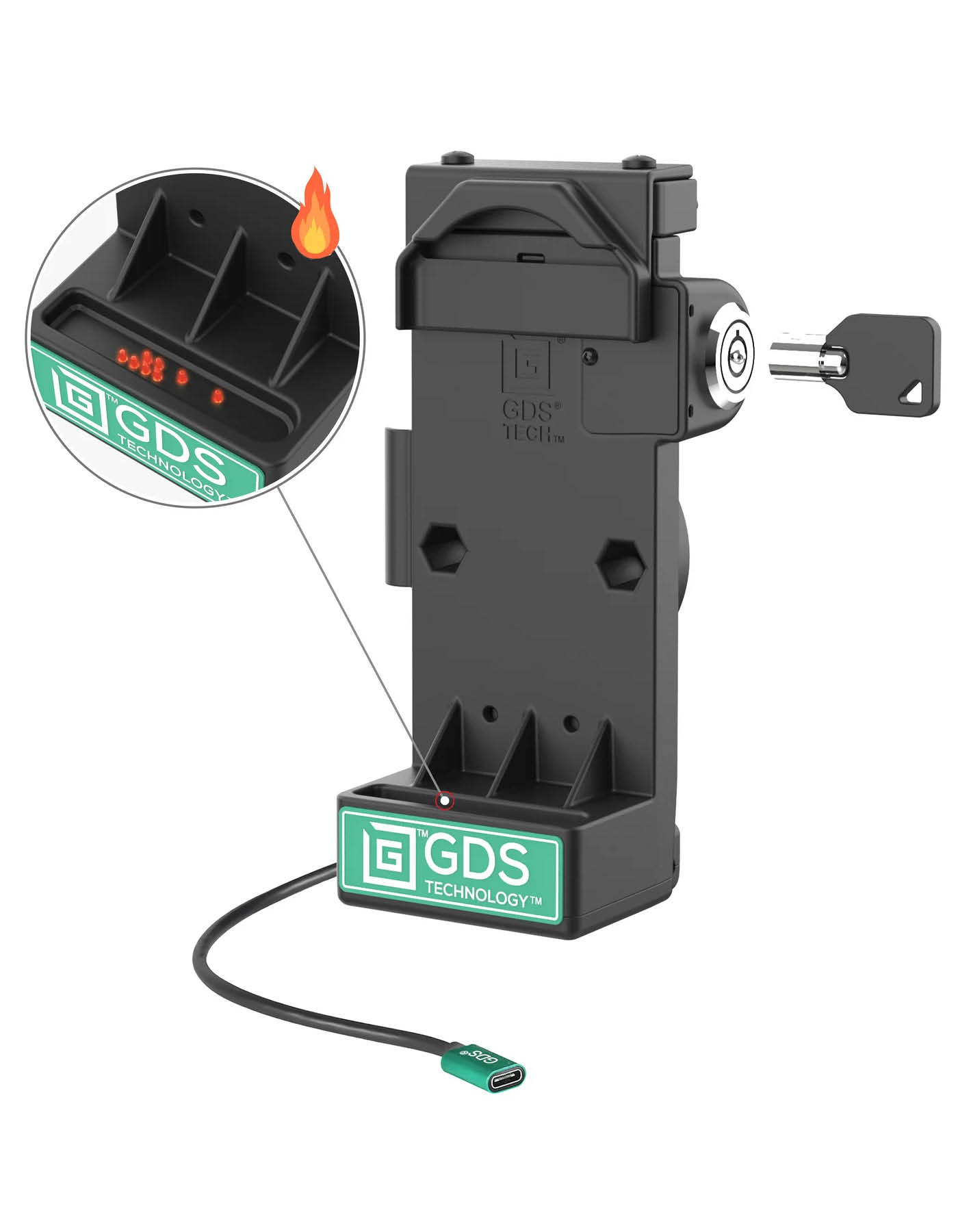RAM Mounts GDS Uni-Conn Sprunggefederte Ladestation mit Schlüsselverriegelung - 2-Lochmuster AMPS - USB-C-Anschluss - Beheizte Pogo-Pins - Schrauben-Set