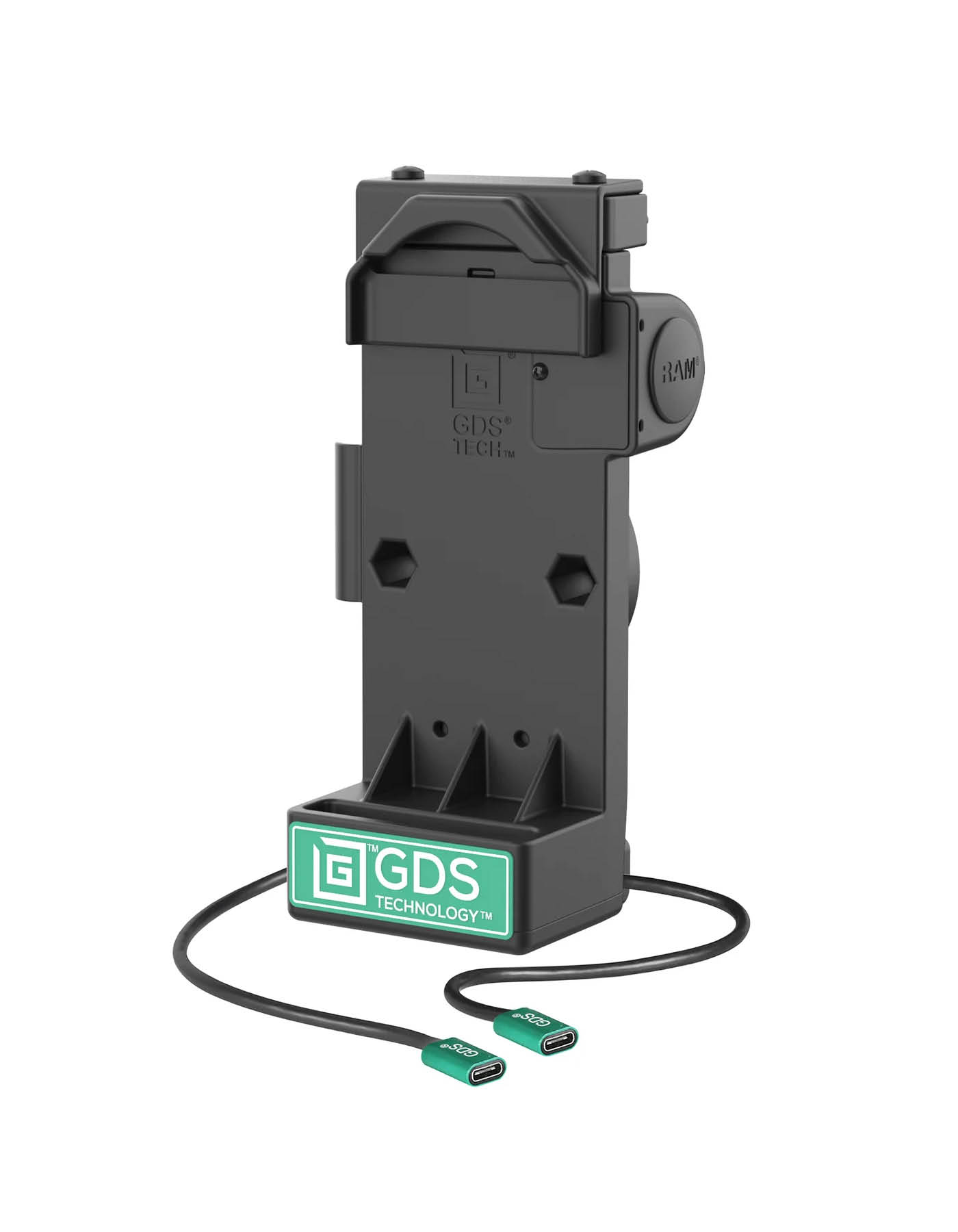 RAM Mounts GDS Uni-Conn Sprunggefederte Ladestation - 2-Lochmuster AMPS - USB-C & USB-C-Anschluss - Schrauben-Set