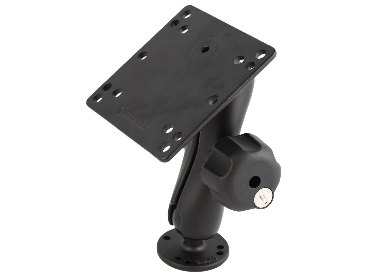 RAM Mounts Aufbau-Set (verschließbar) - runde Basisplatte (AMPS), mittlerer Verbindungsarm (mit Sicherungsschloß), VESA-Platte (75x75 u. 100x100 mm Lochraster), C-Kugel (1,5 Zoll)