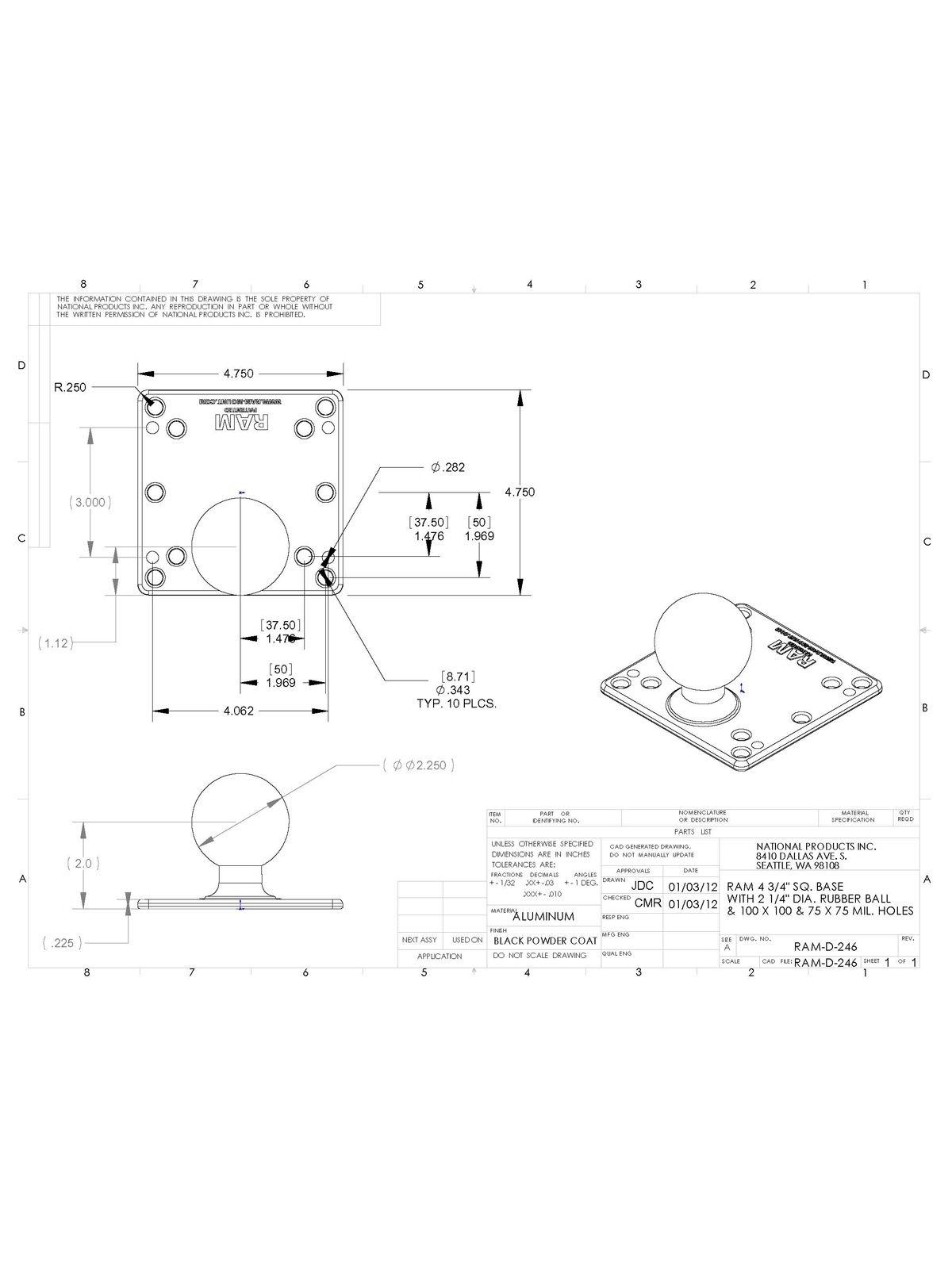 RAM Mounts VESA-Platte (120,7 x 120,7 mm) - D-Kugel (2,25 Zoll), 75x75 u. 100x100 mm Lochraster