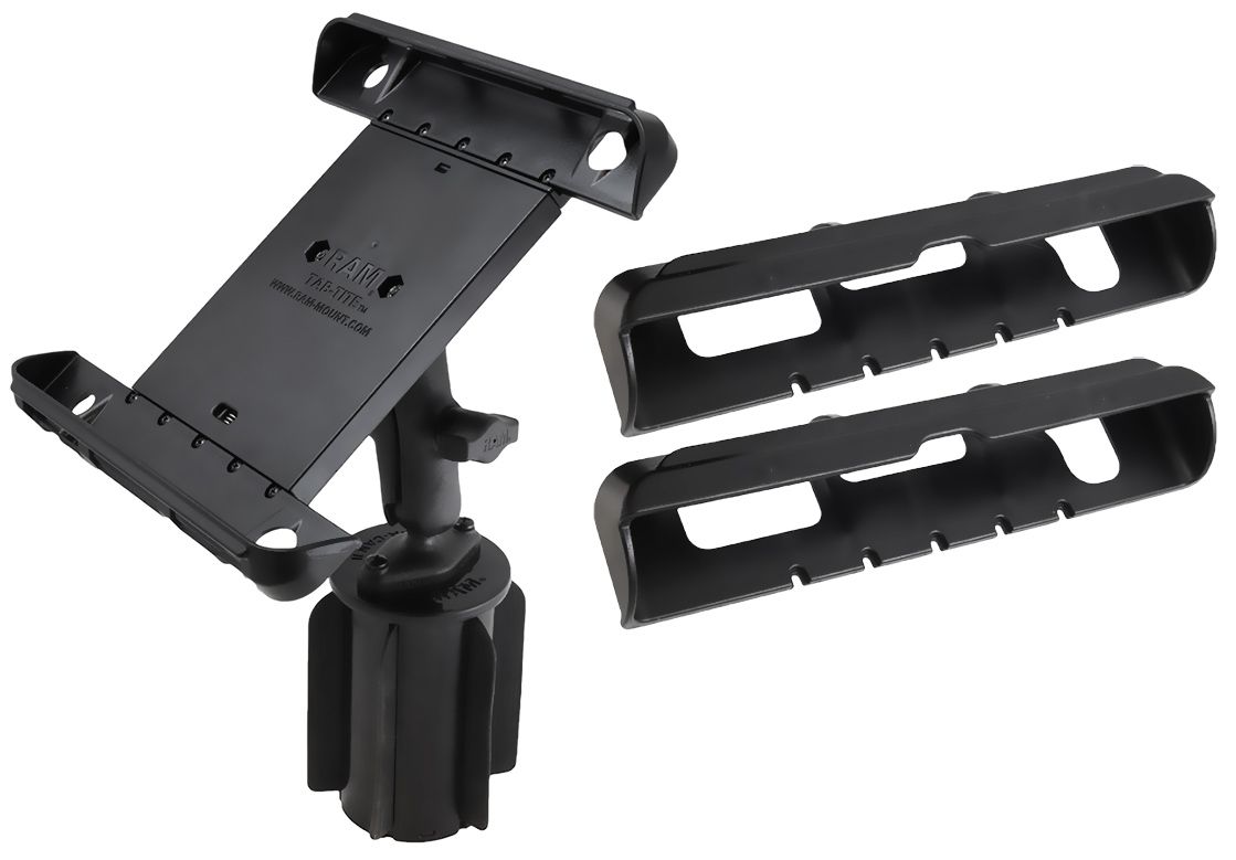 RAM Mounts RAM-A-CAN II Universal-Halterung für Tablets (10 Zoll) - für Fahrzeug-Getränkehalter, Basis mit Gummilippen, mittlerer Verbindungsarm, Halteschale, B-Kugel (1 Zoll)