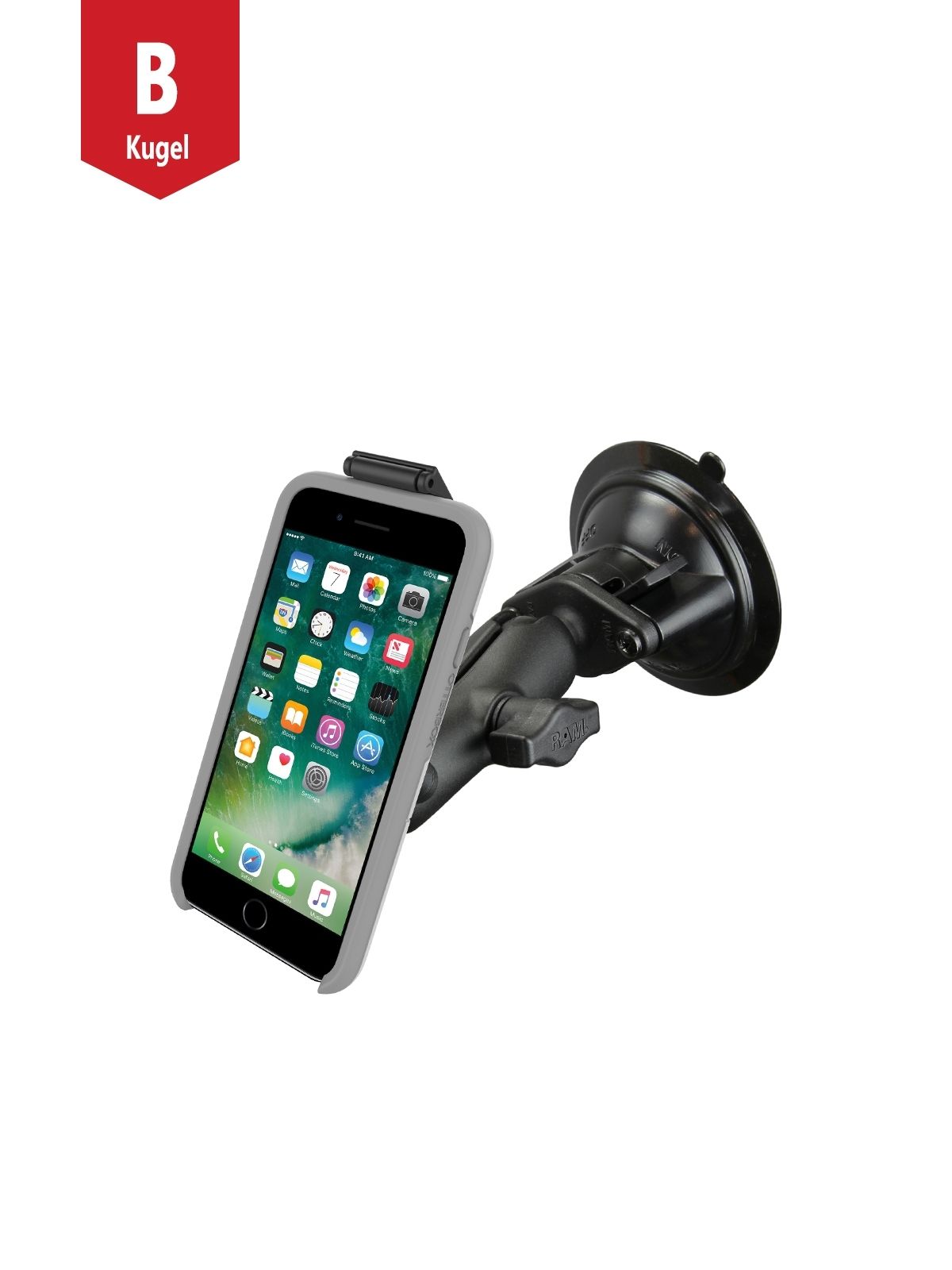 RAM Mounts Saugfuss-Halterung für Smartphones in OtterBox Universe-Hülle - mittlerer Verbindungsarm, Diamond-Basisplatte (Trapez), OtterBox Universe Adapter, B-Kugel (1 Zoll)