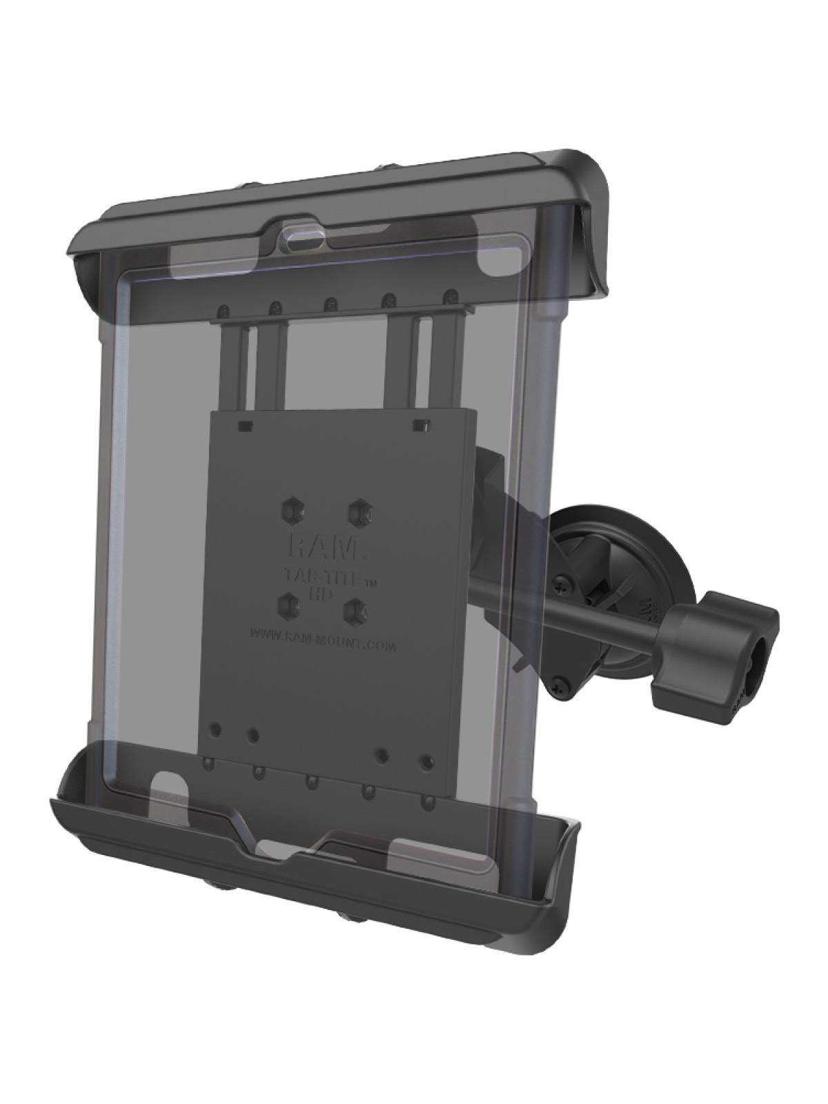 RAM Mounts Doppel-Saugfuss-Halterung für Apple iPad Gen 1-4 inkl. Schutzhüllen/-gehäusen - B-Kugel (1 Zoll), Tab-Tite Halteschale, mittlerer Verbindungsarm