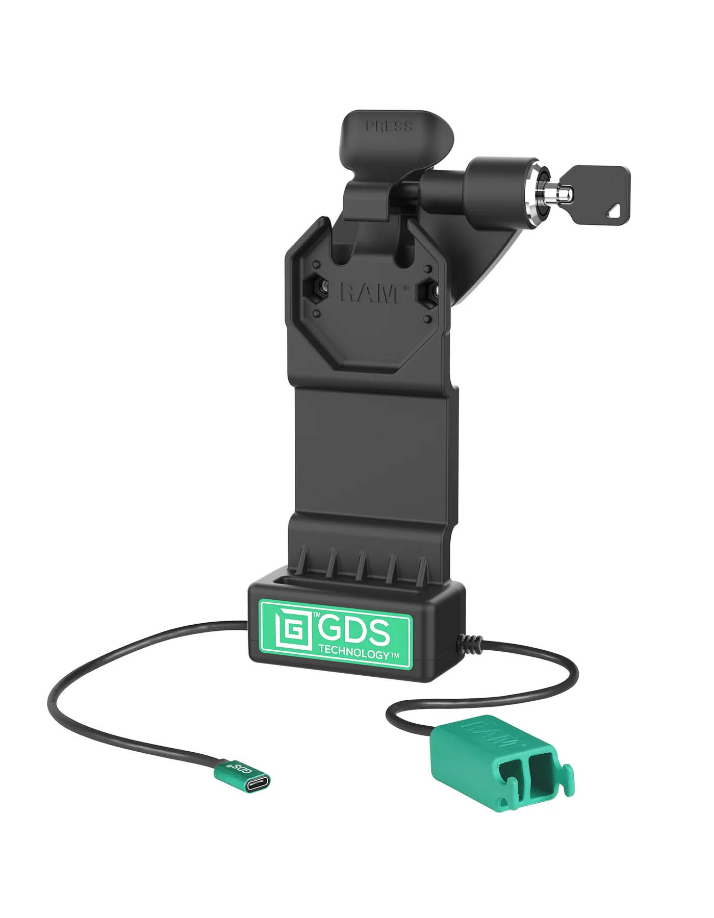 RAM Mounts GDS Uni-Conn Ladestation mit Schlüsselverriegelung (Rechts) - 2-Lochmuster AMPS - USB-C & Dual USB-A-Anschluss - Schrauben-Set