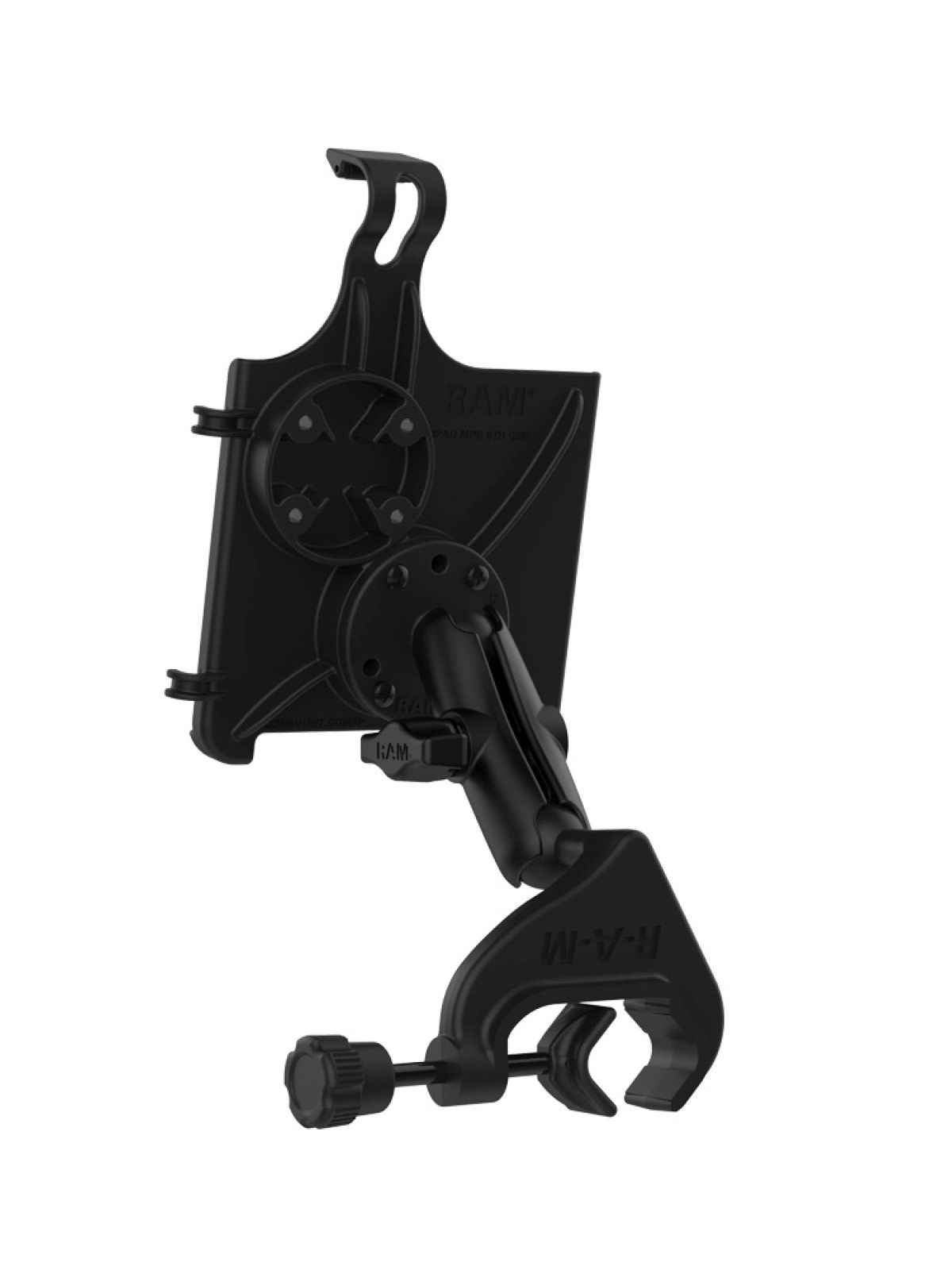 RAM Mounts Luftfahrt-Halterung für Apple iPad mini 6 & mini (A17 Pro) - Runde Basisplatte - Mittlerer Verbindungsarm - Steuerhornklammer (Klemmbereich 15,87 mm - 31,75 mm) - B-Kugel (1 Zoll)