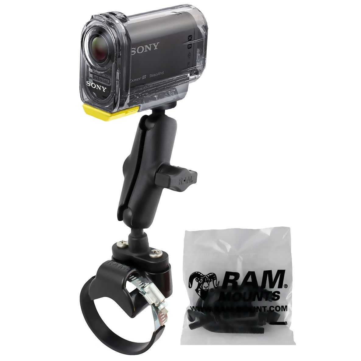 RAM Mounts Kamerahalterung für Lenker/Rohre mit 1/4"-20 Gewindestift - mit Klemmschelle, B-Kugel (1 Zoll), im Polybeutel