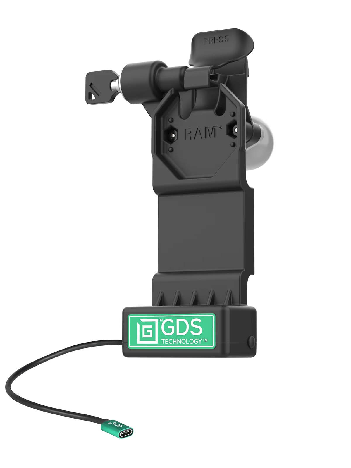 RAM Mounts GDS Uni-Conn Ladestation mit Schlüsselverriegelung (Links) - 2-Lochmuster AMPS - USB-C-Anschluss - Schrauben-Set
