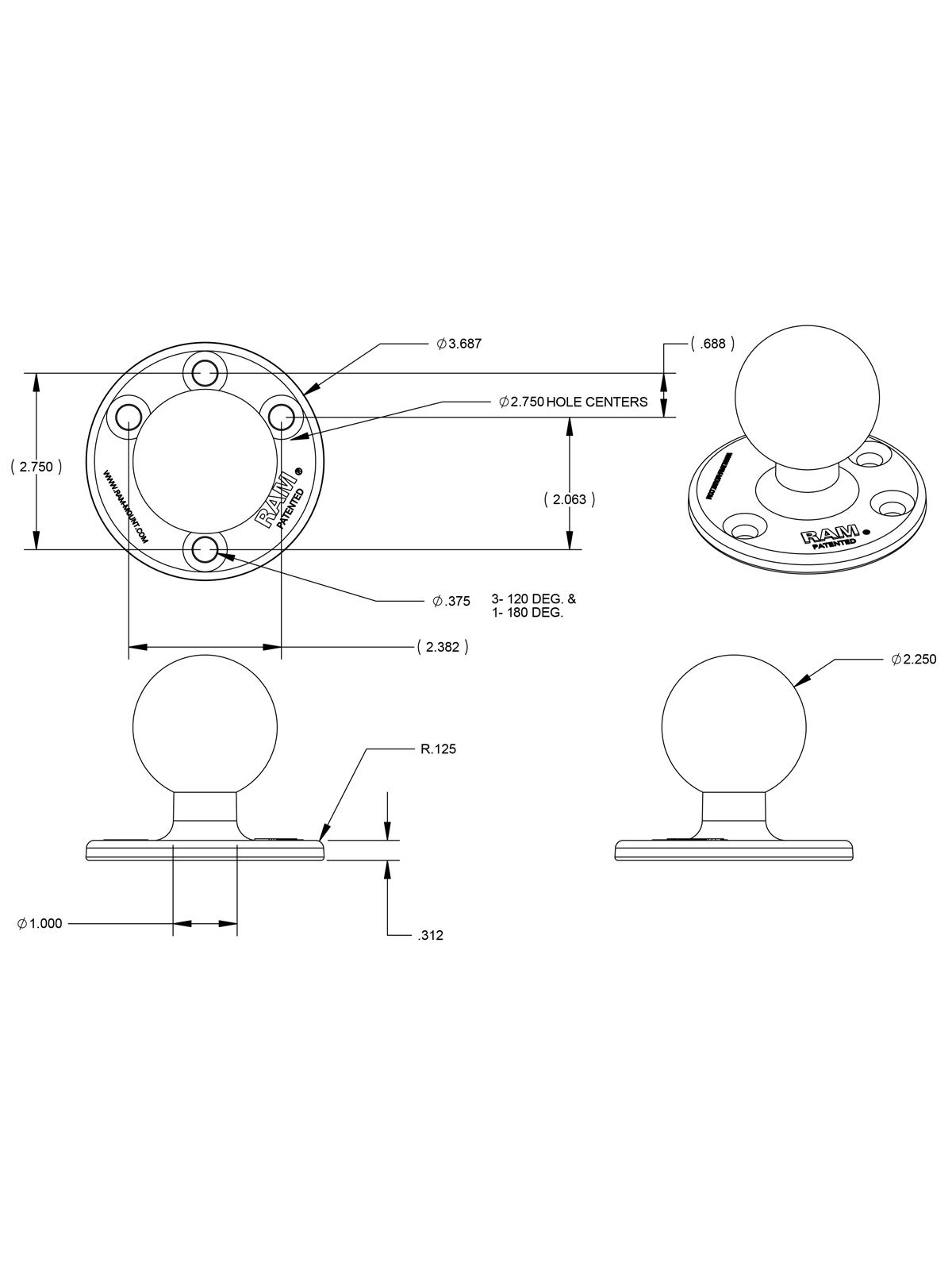 RAM Mounts Basisplatte rund - D-Kugel (2,25 Zoll), 120° Lochraster, 93,5 mm Durchmesser