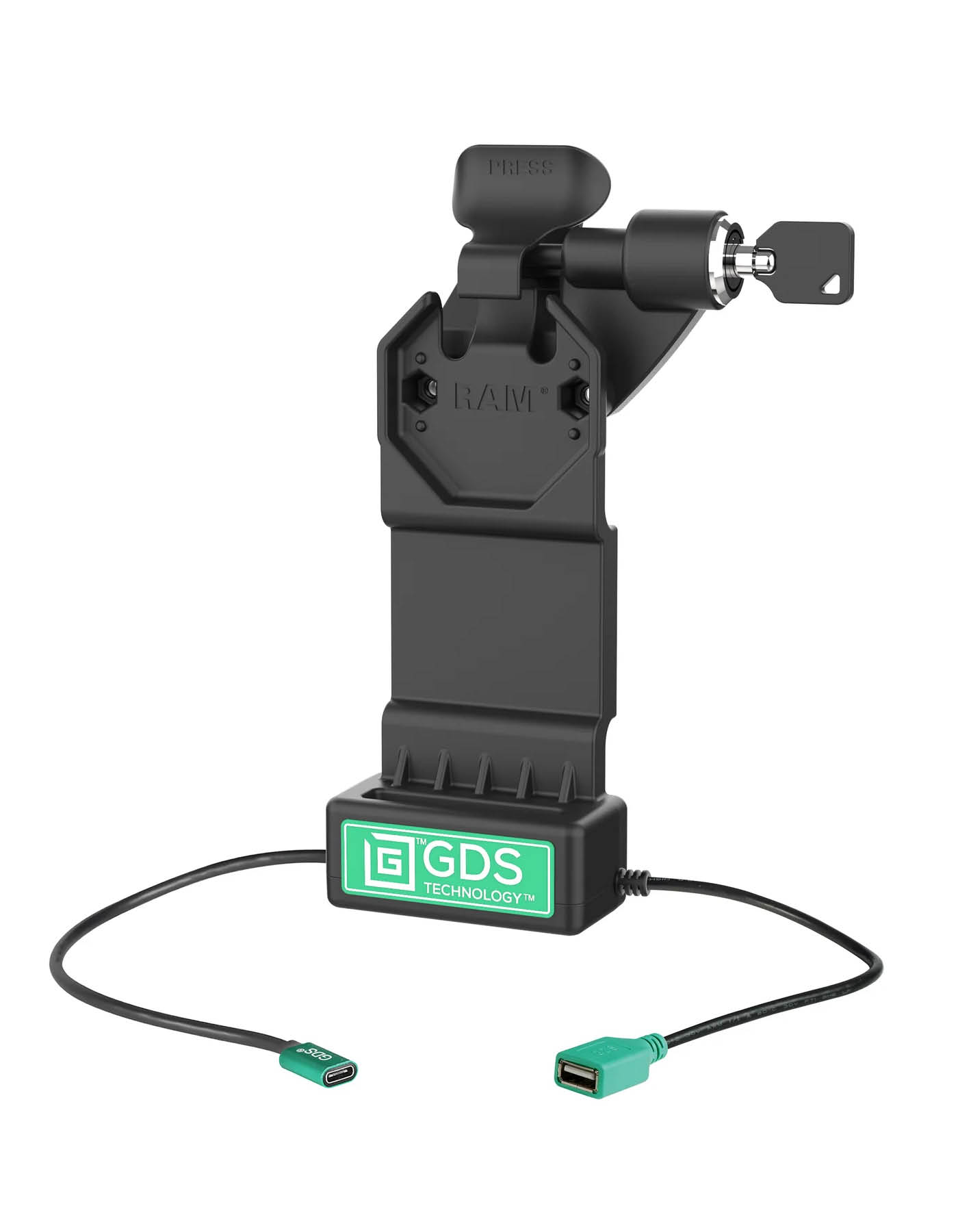 RAM Mounts GDS Uni-Conn Ladestation mit Schlüsselverriegelung (Rechts) - 2-Lochmuster AMPS - USB-C & USB-A-Anschluss - Schrauben-Set