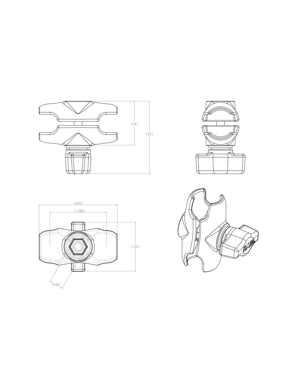 RAM Mounts Verbindungsarm kurz (ca. 61 mm) - für B-Kugeln (1 Zoll)