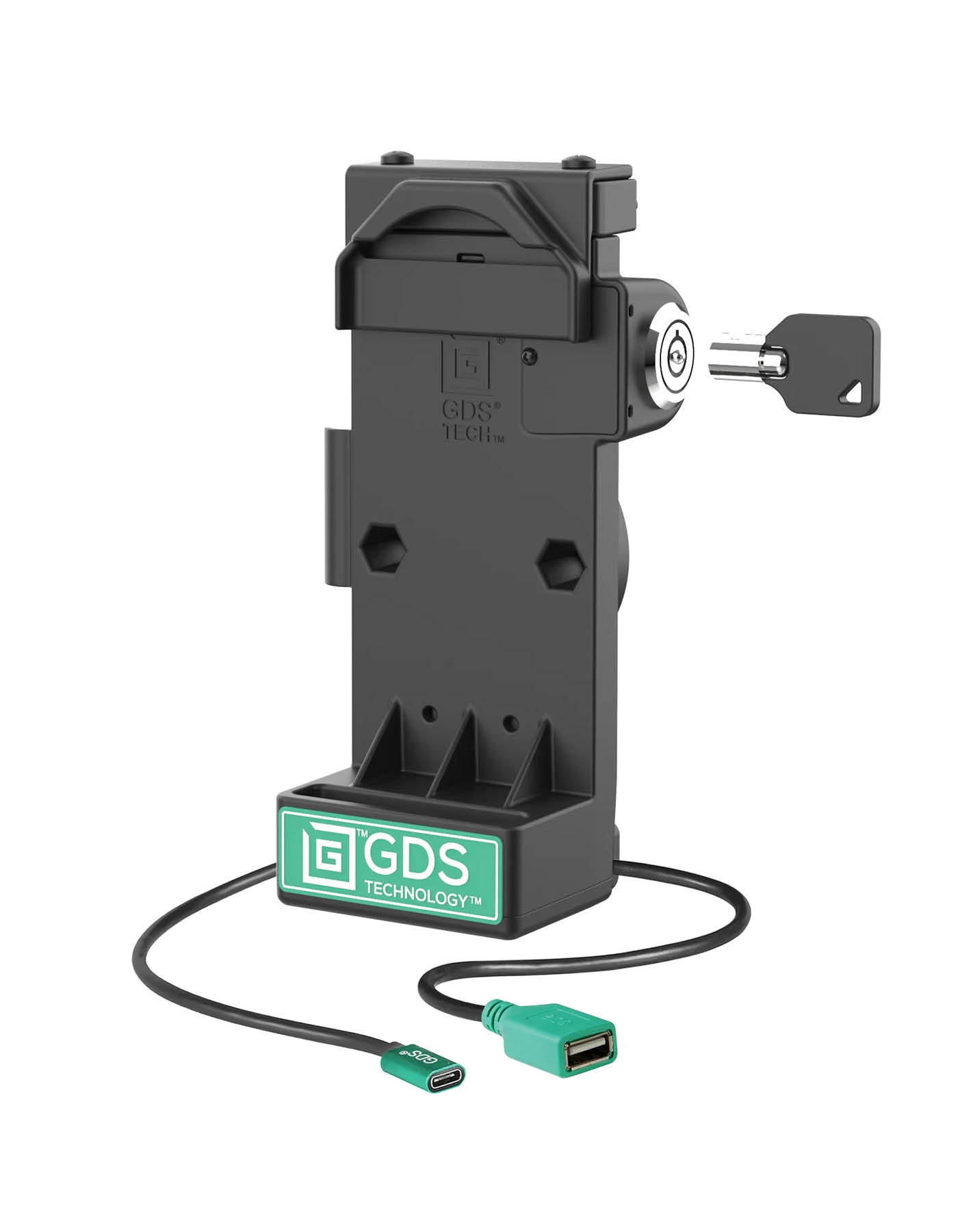 RAM Mounts GDS Uni-Conn Sprunggefederte Ladestation mit Schlüsselverriegelung - 2-Lochmuster AMPS - USB-C & USB-A-Anschluss - Schrauben-Set