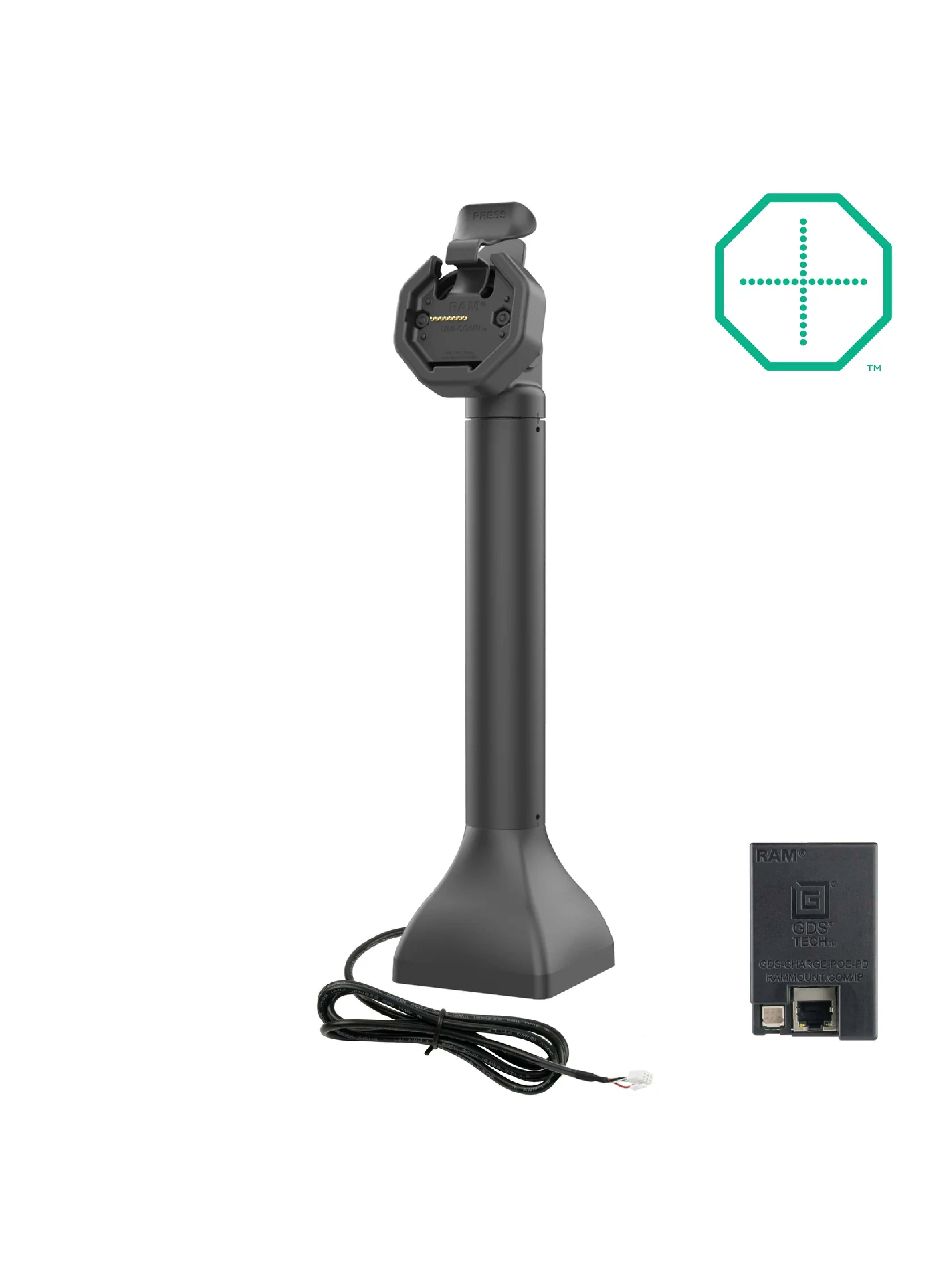 RAM Mounts GDS Uni-Conn Stand-Dockingstation (14 Zoll) - Rückseitige Pogo-Pins - Dreh-& Schwenkbar - RJ45-Anschluss - PoE (Power over Ethernet)