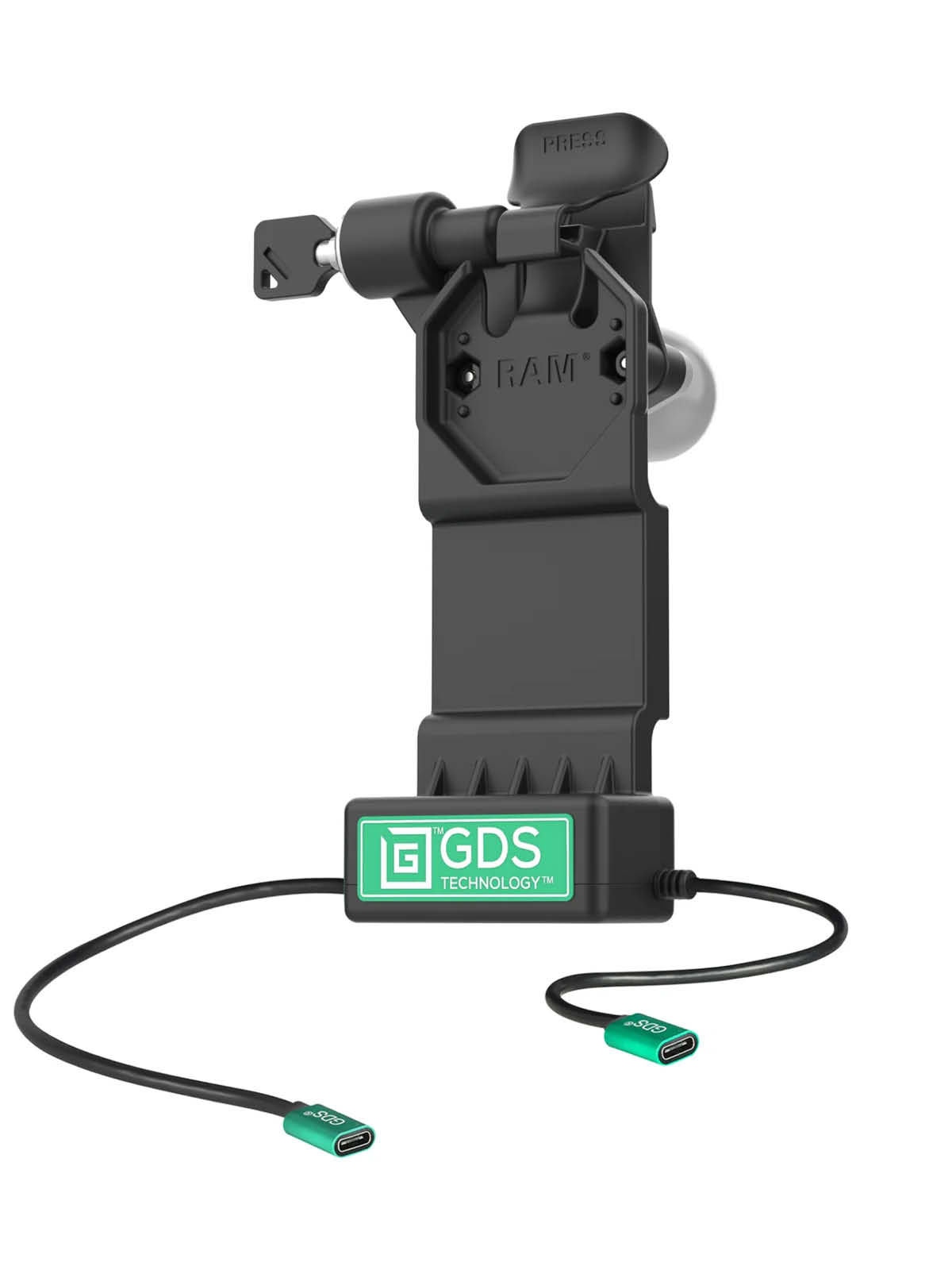 RAM Mounts GDS Uni-Conn Ladestation mit Schlüsselverriegelung (Links) - 2-Lochmuster AMPS - USB-C & USB-C-Anschluss - Schrauben-Set