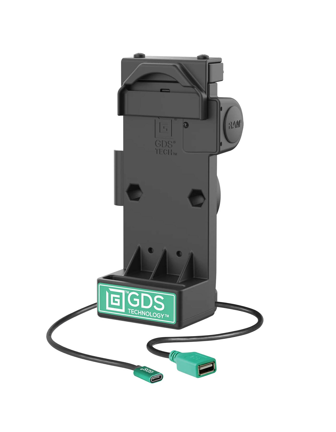 RAM Mounts GDS Uni-Conn Sprunggefederte Ladestation - 2-Lochmuster AMPS - USB-C & USB-A-Anschluss - Schrauben-Set