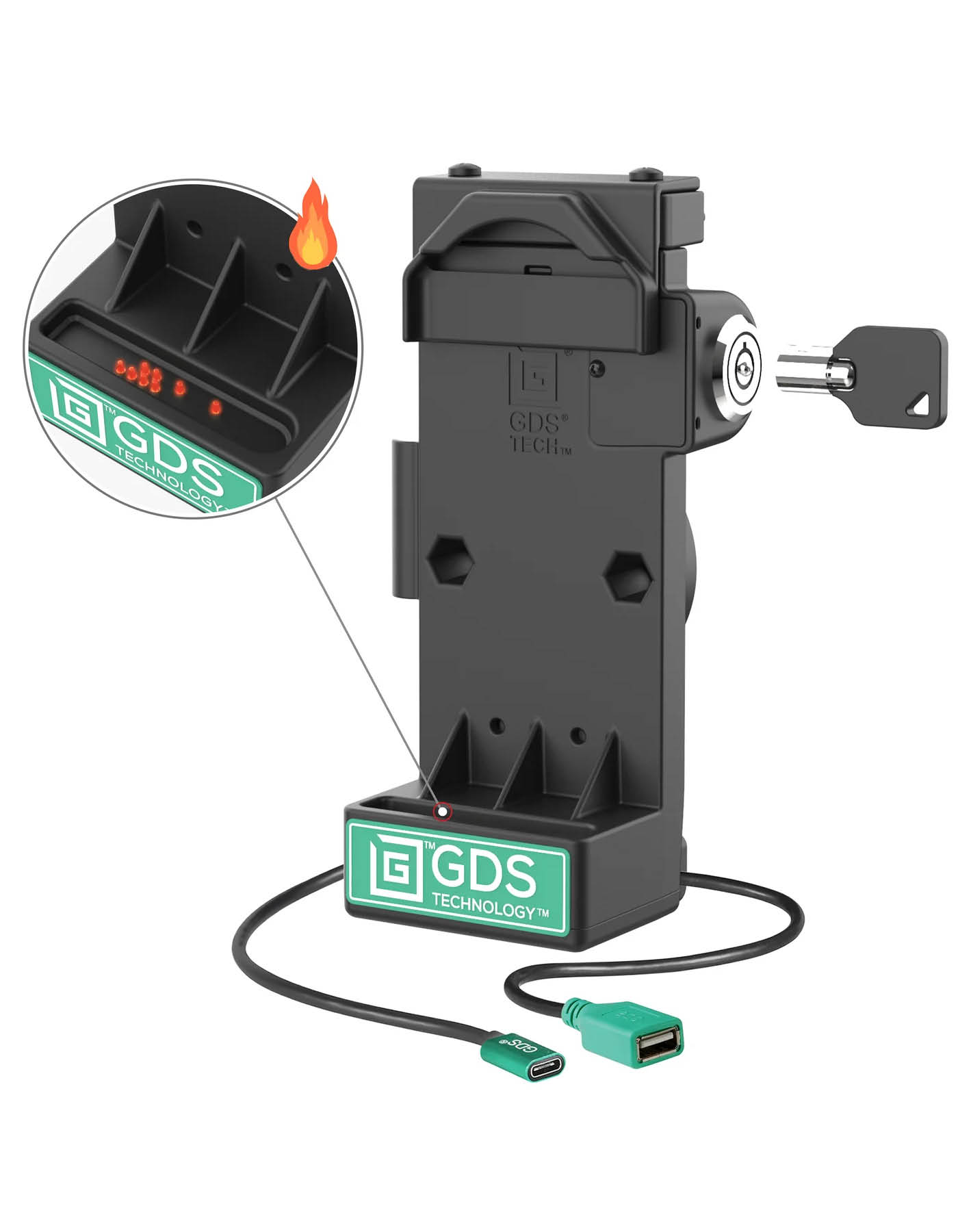 RAM Mounts GDS Uni-Conn Sprunggefederte Ladestation mit Schlüsselverriegelung - 2-Lochmuster AMPS - USB-C & USB-A-Anschluss - Beheizte Pogo-Pins - Schrauben-Set