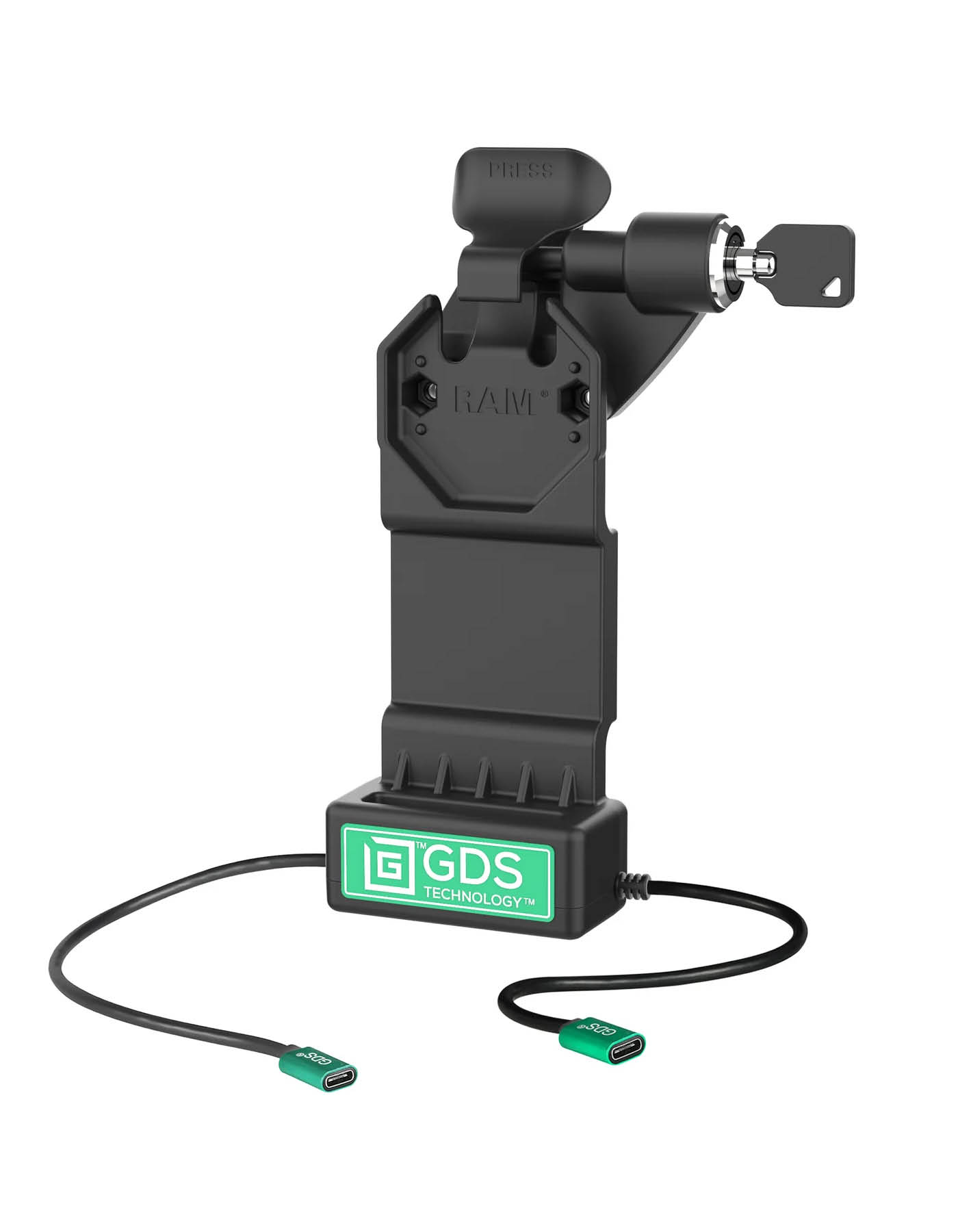 RAM Mounts GDS Uni-Conn Ladestation mit Schlüsselverriegelung (Rechts) - 2-Lochmuster AMPS - USB-C & USB-C-Anschluss - Schrauben-Set