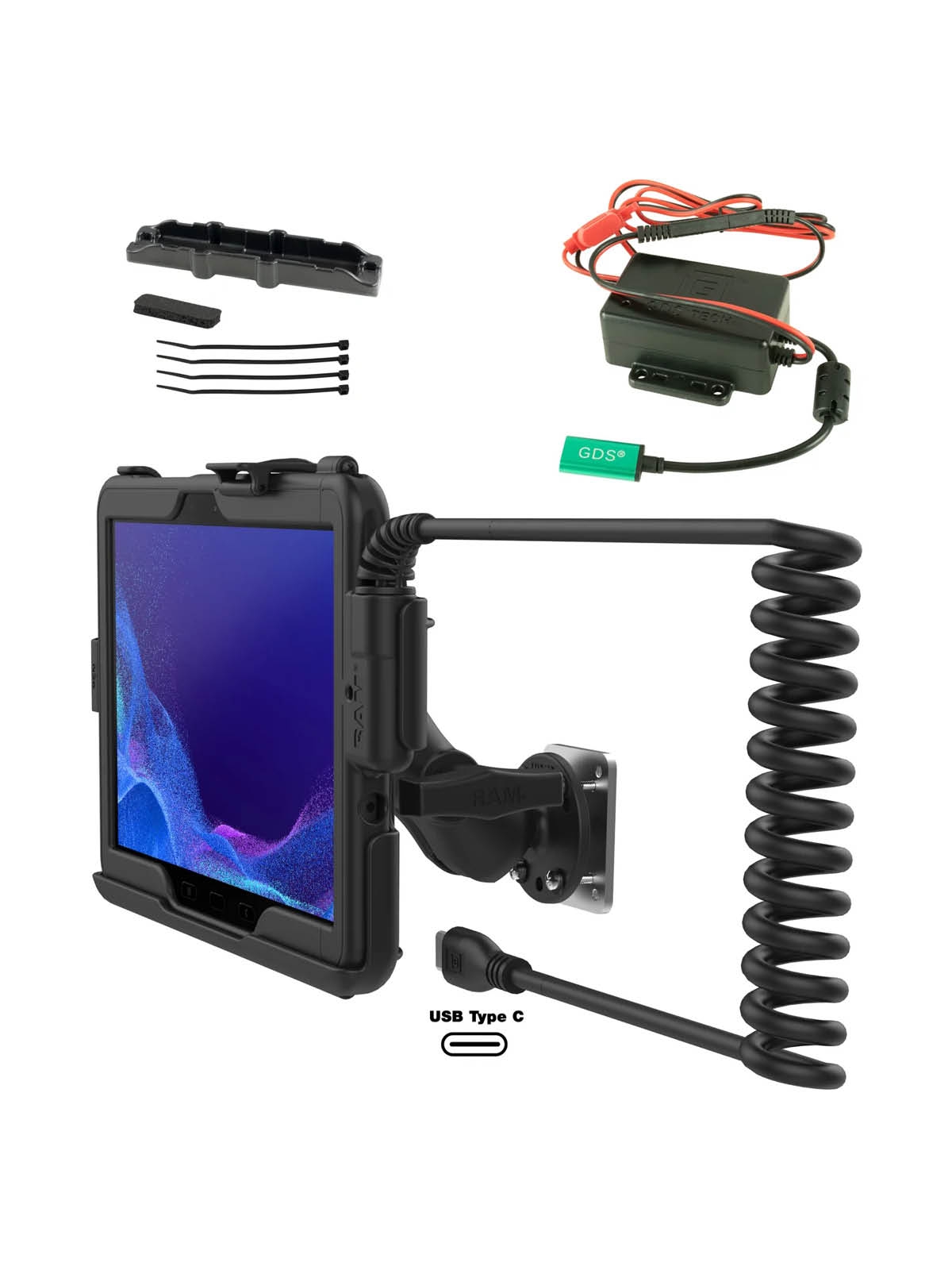 RAM Mounts Tough-Case Ladestation Samsung Tab Active4 Pro - C-Kugel (1,5 Zoll), USB-C, 12-24V Eingang