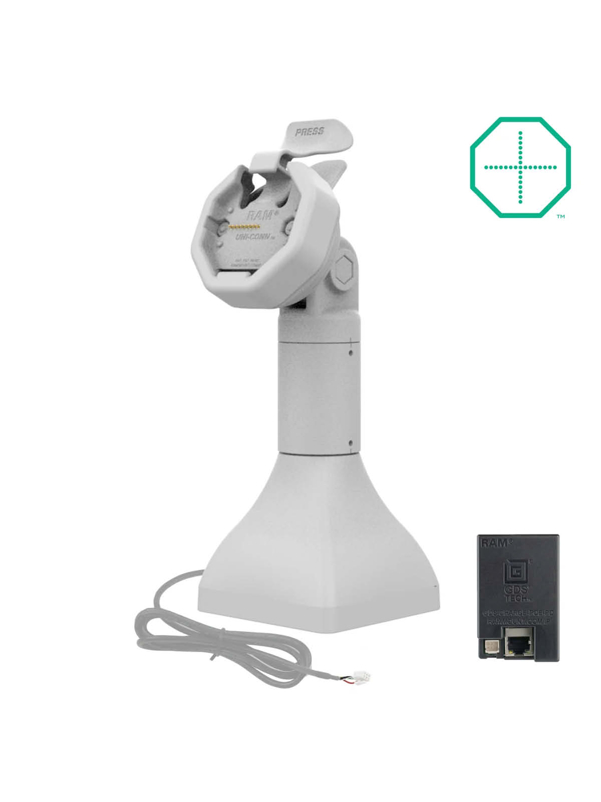 RAM Mounts GDS Uni-Conn Stand-Dockingstation (7 Zoll) - Rückseitige Pogo-Pins - Dreh-& Schwenkbar - RJ45-Anschluss - PoE (Power over Ethernet) - Hellgrau
