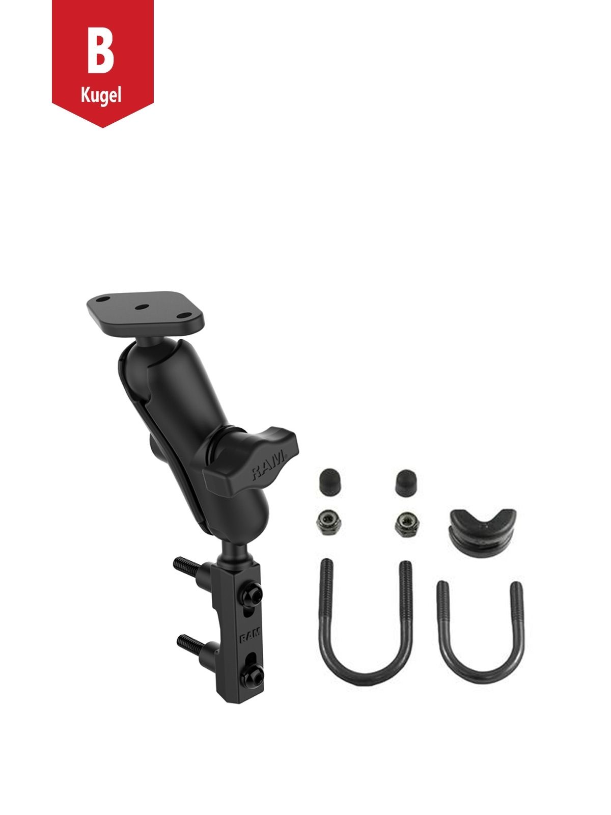 RAM Mounts Motorrad-Set für Lenker, Bremse & Kupplung - B-Kugel (1 Zoll) - 1x Diamond (Trapez) Basisplatte (AMPS) - Mittlerer Verbindungsarm (ca. 94,74 mm) - 1x U-Bügel Basis (Klemmbereich 12,7 - 31,75 mm)