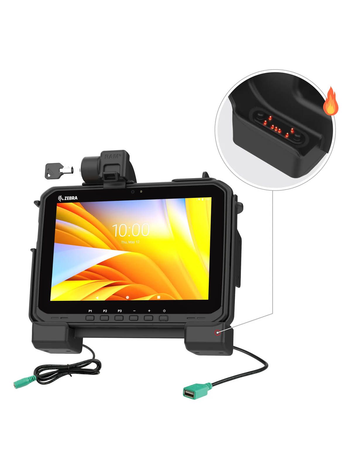 RAM Mounts Form-Fit Halteschale (Schlüsselverriegelung) für Zebra ET60 & ET65 Tablets - mit & ohne Tastatur - Beheizte Pogo-Pins - 5.5mm DC & USB-A-Anschluss