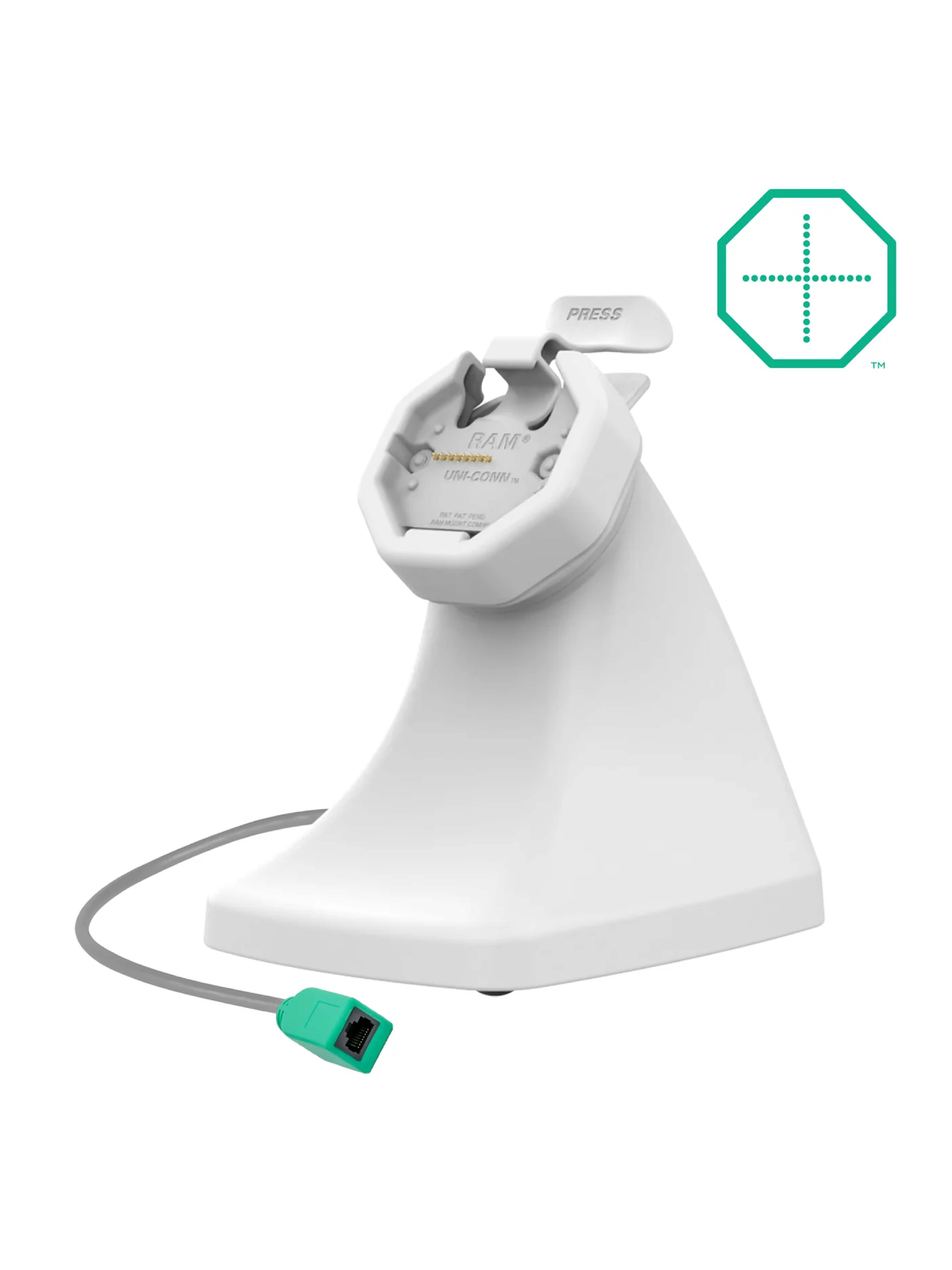 RAM Mounts GDS Uni-Conn Snap-In Stand-Dockingstation - Rückseitige Pogo-Pins - RJ45-Anschluss - PoE (Power over Ethernet) - Hellgrau