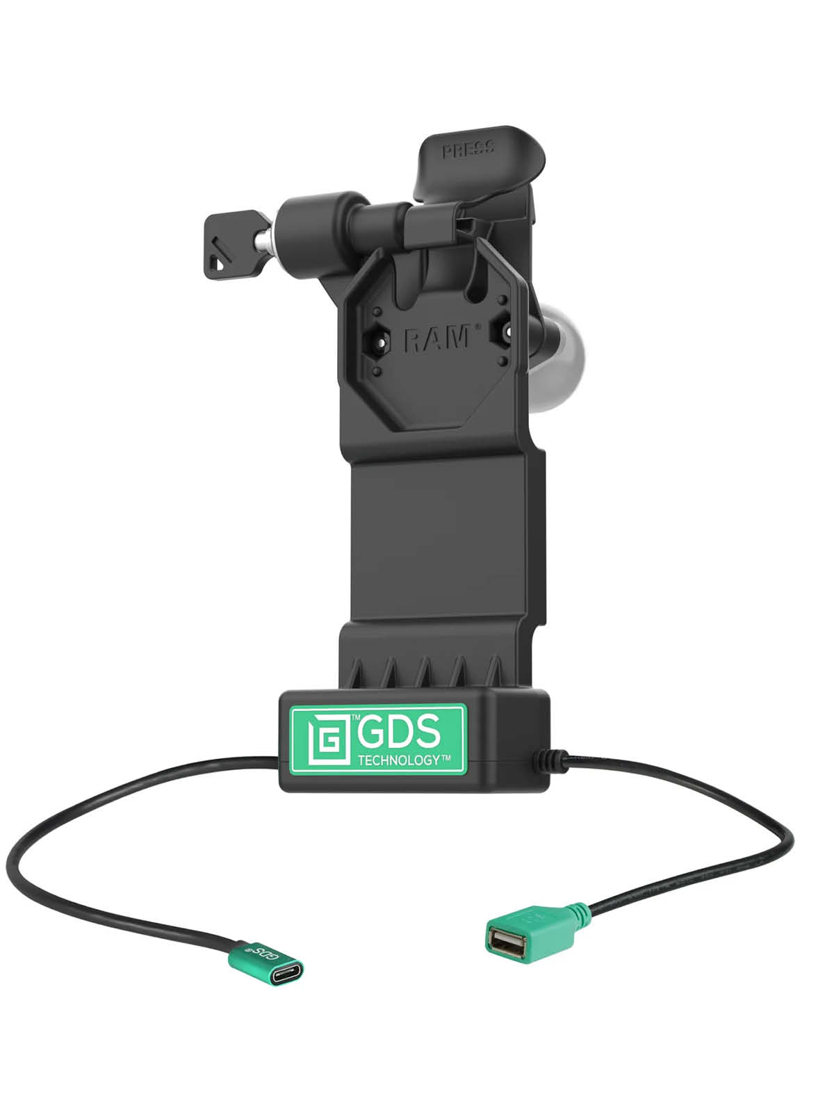 RAM Mounts GDS Uni-Conn Ladestation mit Schlüsselverriegelung (Links) - 2-Lochmuster AMPS - USB-C & USB-A-Anschluss - Schrauben-Set