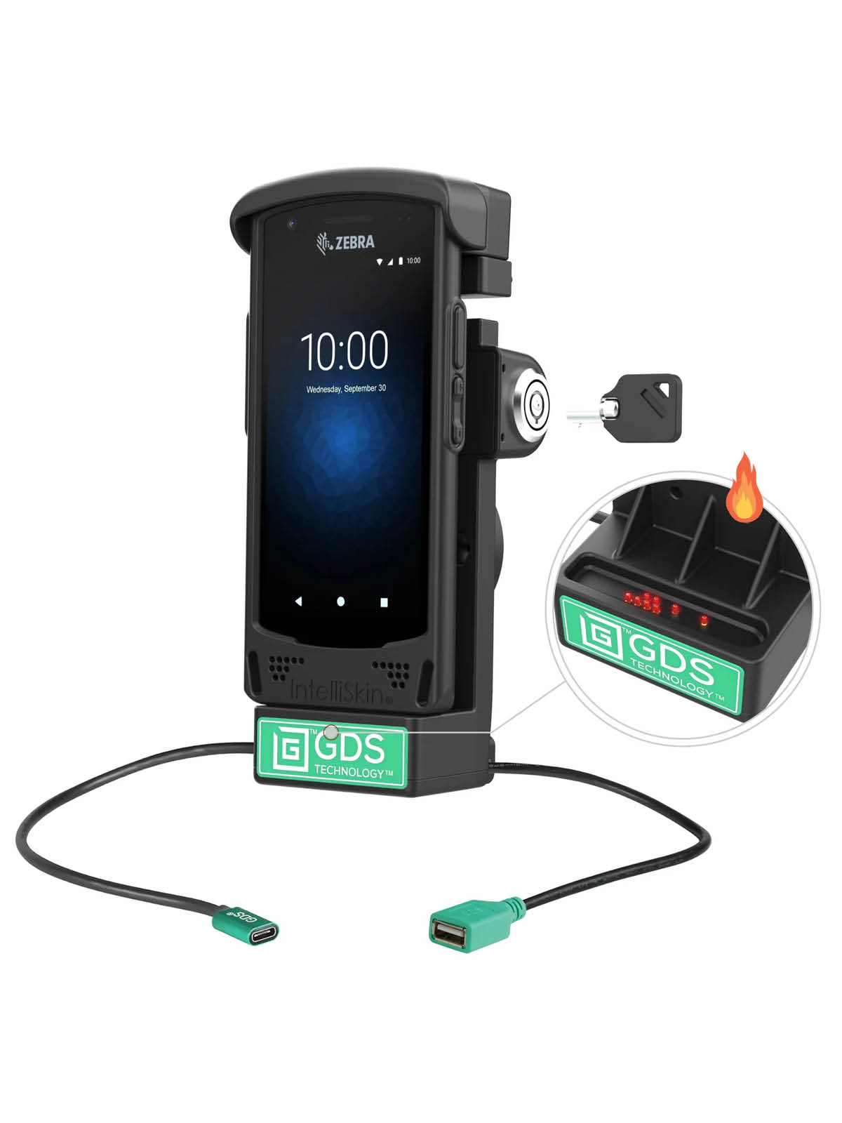 RAM Mounts GDS Halteschale (Schlüsselverriegelung) für Zebra EC50 & EC55 in IntelliSkin Schutzhülle - Beheizte Pogo-Pins - USB-C & USB-A-Anschluss