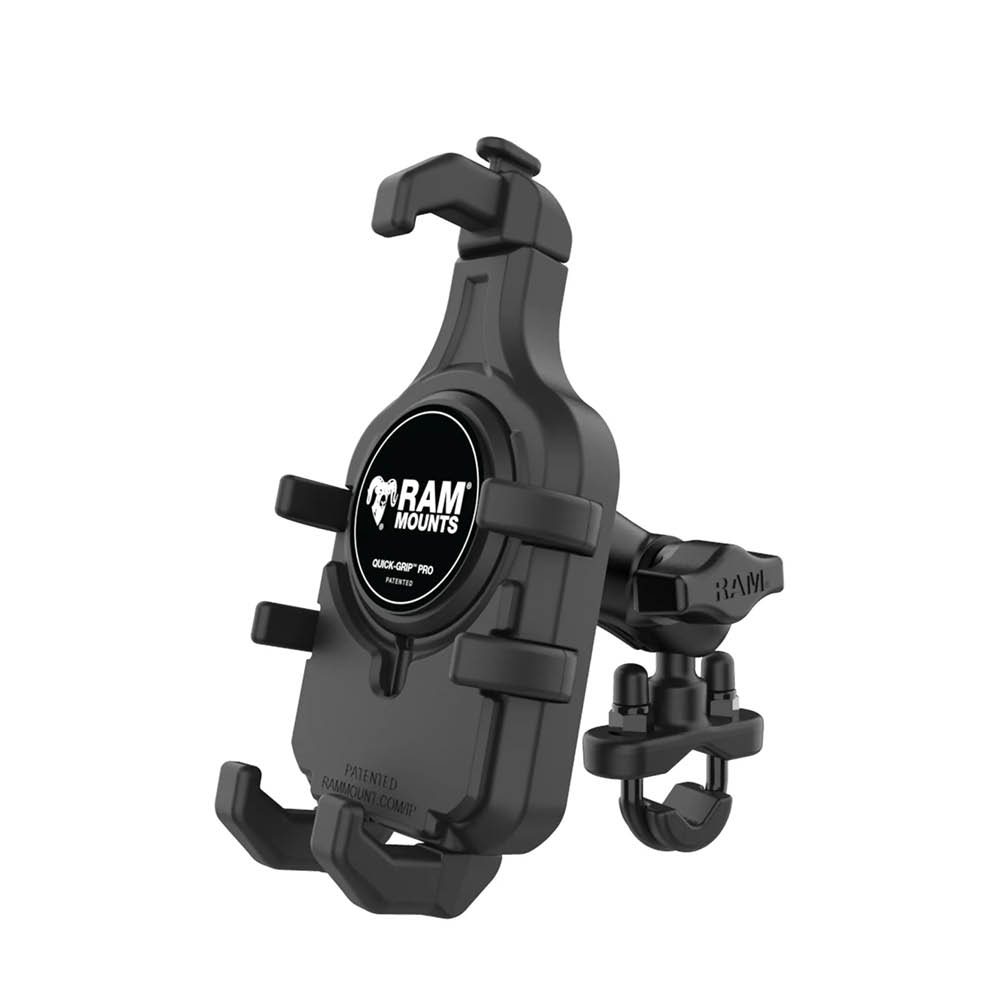RAM Mounts Quick-Grip™ Pro Universal Lenker-/Rohr-Halterung - B-Kugel (1 Zoll), Schraub-Klemme (12,7-31,8 mm), kurzer Verbindungsarm, MagSafe kompatibel