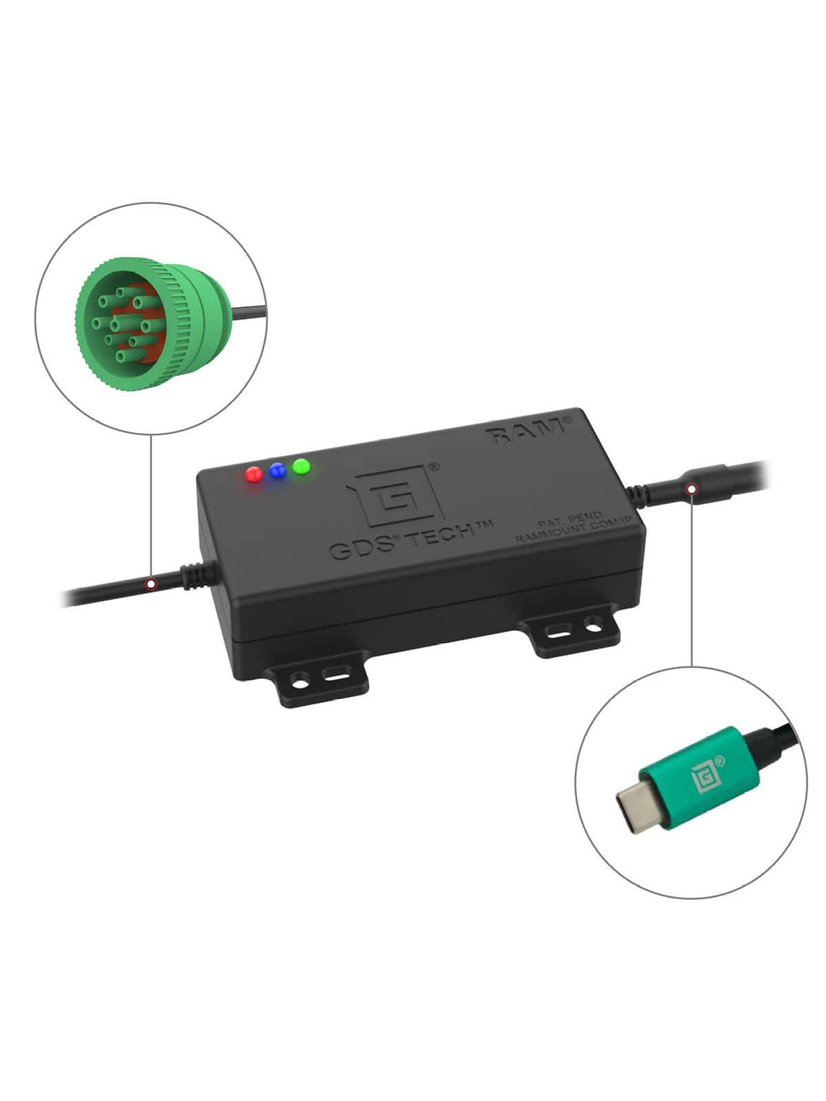 RAM Mounts GDS CAN Bus mit 9-Pin Anschluss - 12-24V DC Eingang, 5V-12V DC Ausgang, USB-C (männlich)