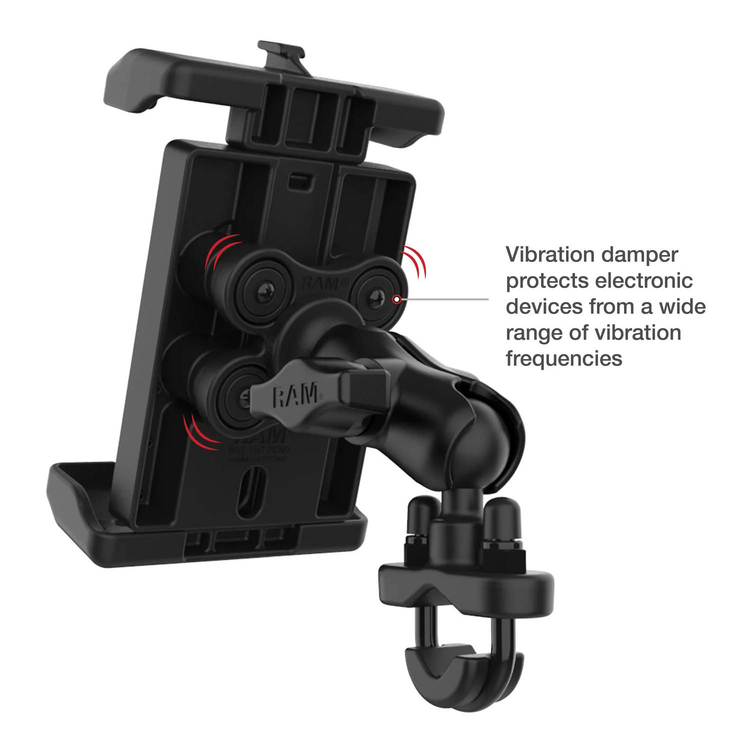 RAM Mounts Quick-Grip™ Pro XL Universal Lenker-/Rohr-Halterung mit Vibrationsdämpfung & Qi2 15W Wireless Charger- B-Kugel (1 Zoll), Schraub-Klemme (12,7-31,8 mm), kurzer Verbindungsarm