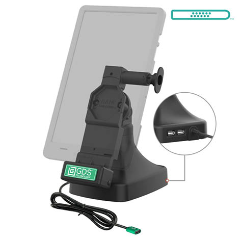 RAM Mounts GDS Uni-Conn Stand-Dockingstation - Dreh- & Schwenkbar - Dual USB-C & Daten - Pogo-Pads unten