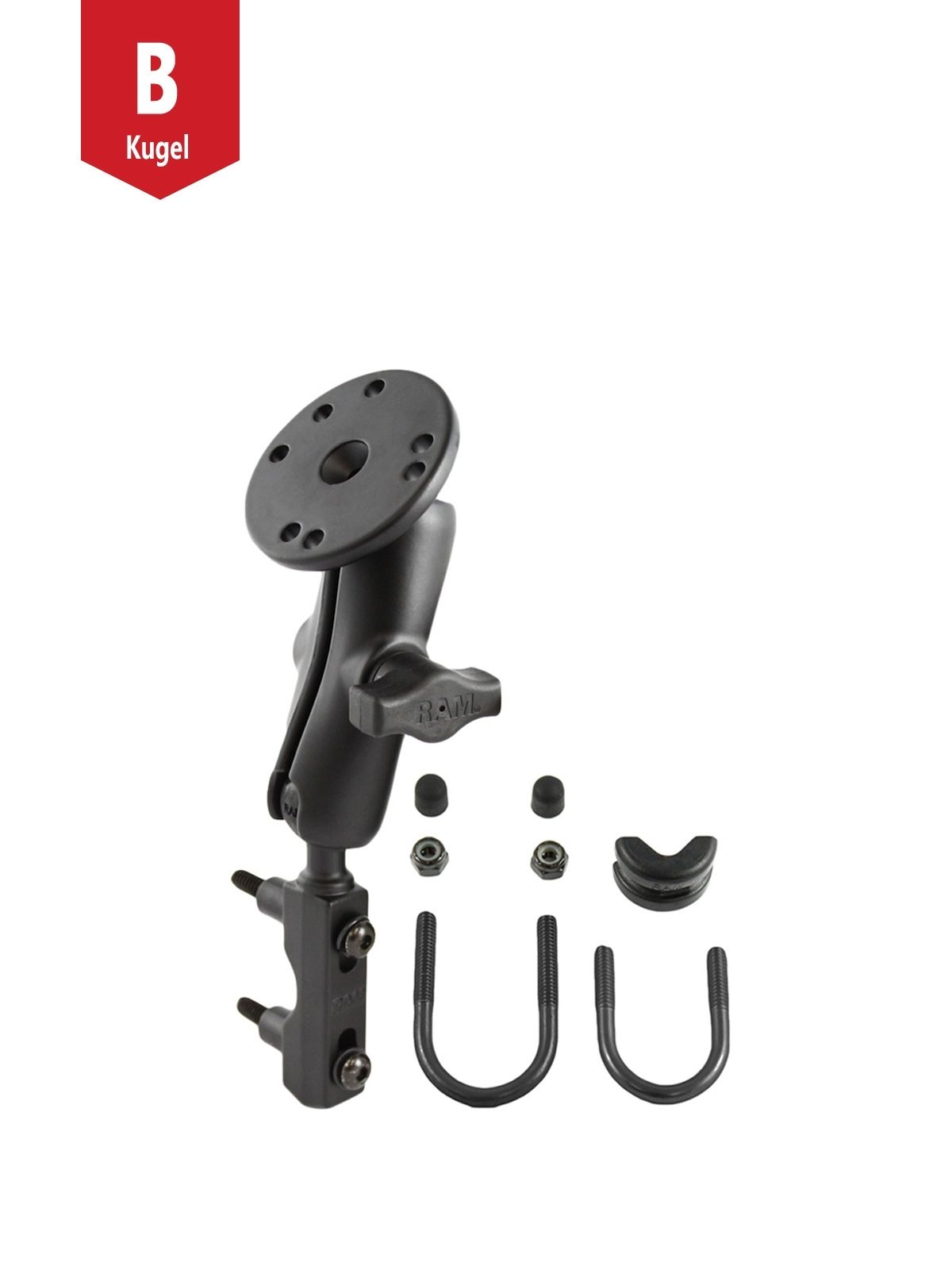 RAM Mounts Motorrad-Set - B-Kugel (1 Zoll), Basisbefestigung (Lenker/Bremse/Kupplung), mittlerer Verbindungsarm, runde Basisplatte (AMPS)