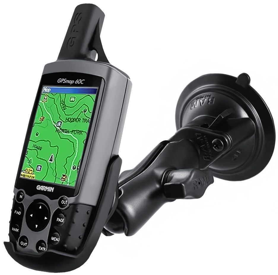 RAM Mounts Saugfuss-Halterung Garmin GPS 60er Serie - mittlerer Verbindungsarm, 2x Diamond-Basisplatte (Trapez), Halteschale, B-Kugel (1 Zoll), im Pol