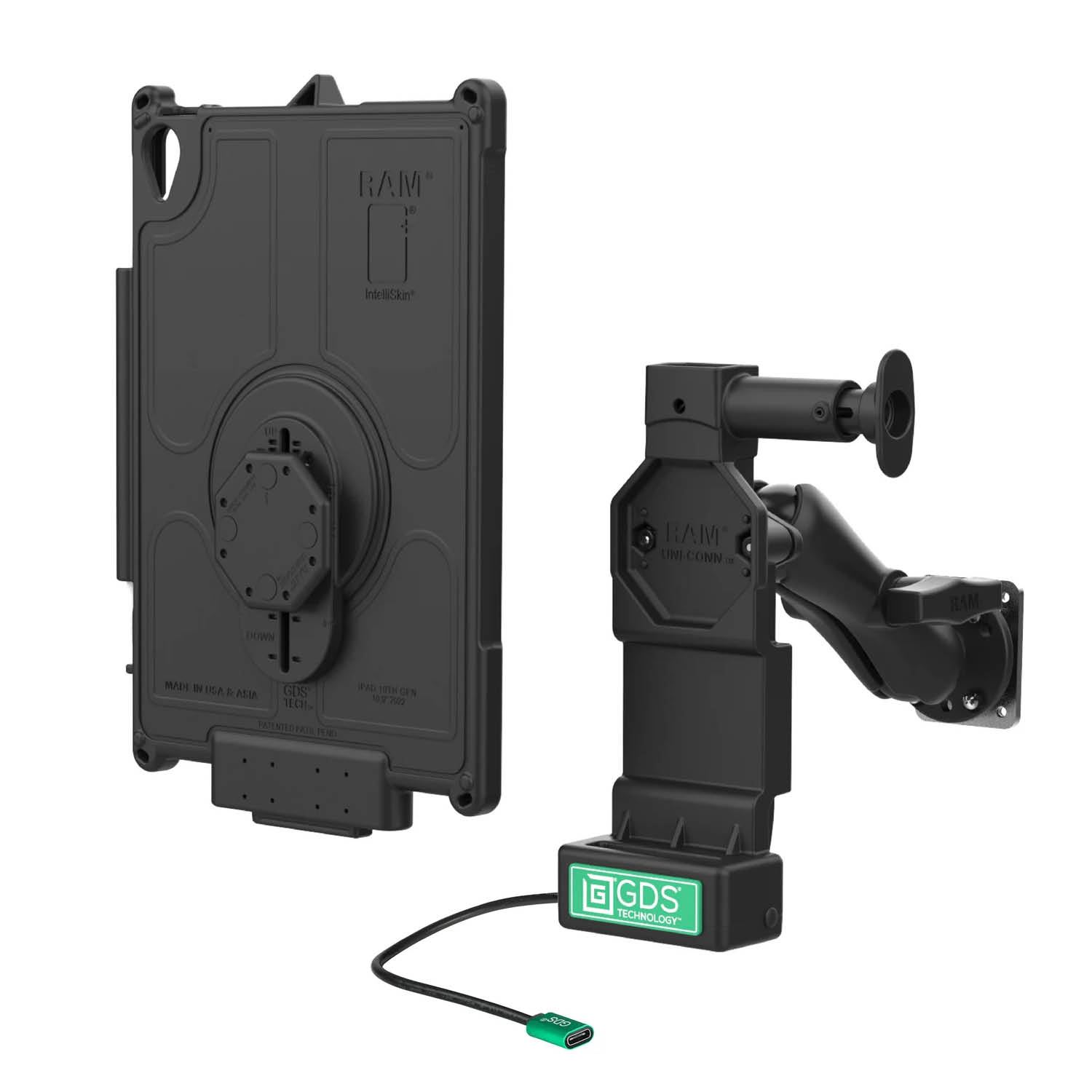 RAM Mounts GDS Uni-Conn Fahrzeug-Ladestation für Apple iPad 10./11. Gen. - C-Kugel (1,5 Zoll), Stahl-Verstärkungsplatte (53,34 x 66,04 mm), USB-C-Anschluss, 4-Loch AMPS