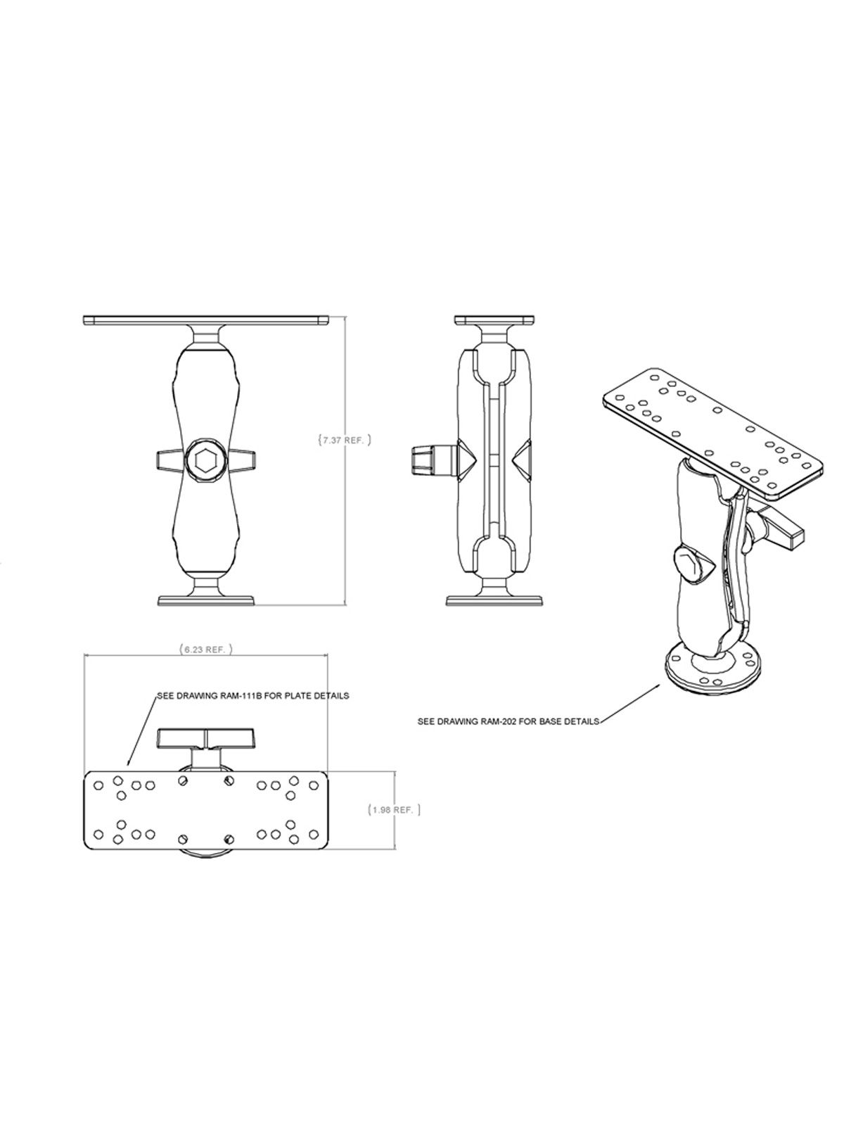 RAM Mounts Aufbau-Set - runde Basisplatte (AMPS), mittlerer Verbindungsarm, Adapterplatte (mit Universal-Lochraster), C-Kugel (1,5 Zoll), im Polybeute