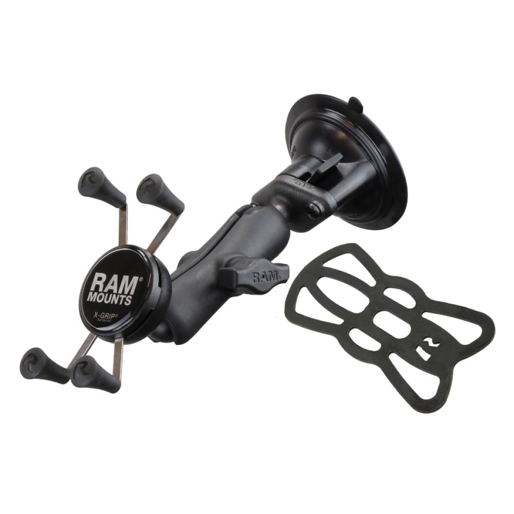 RAM Mounts X-Grip Saugfuß-Halterung für Smartphones (Verbundstoff) - Bis 82,55 mm Breite - Mittlerer Verbindungsarm - Saugfuß mit Trapez-Basiskugel - B-Kugel (1 Zoll) - Schrauben-Set