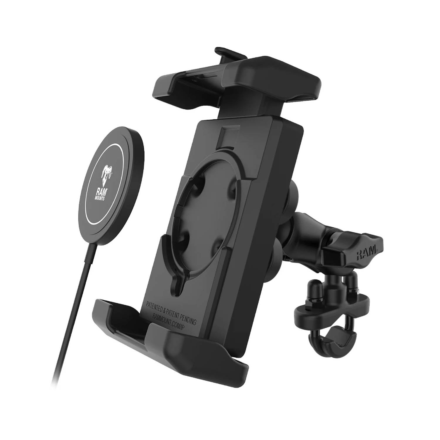 RAM Mounts Quick-Grip™ Pro XL Universal Lenker-/Rohr-Halterung mit Vibrationsdämpfung & Qi2 15W Wireless Charger- B-Kugel (1 Zoll), Schraub-Klemme (12,7-31,8 mm), kurzer Verbindungsarm