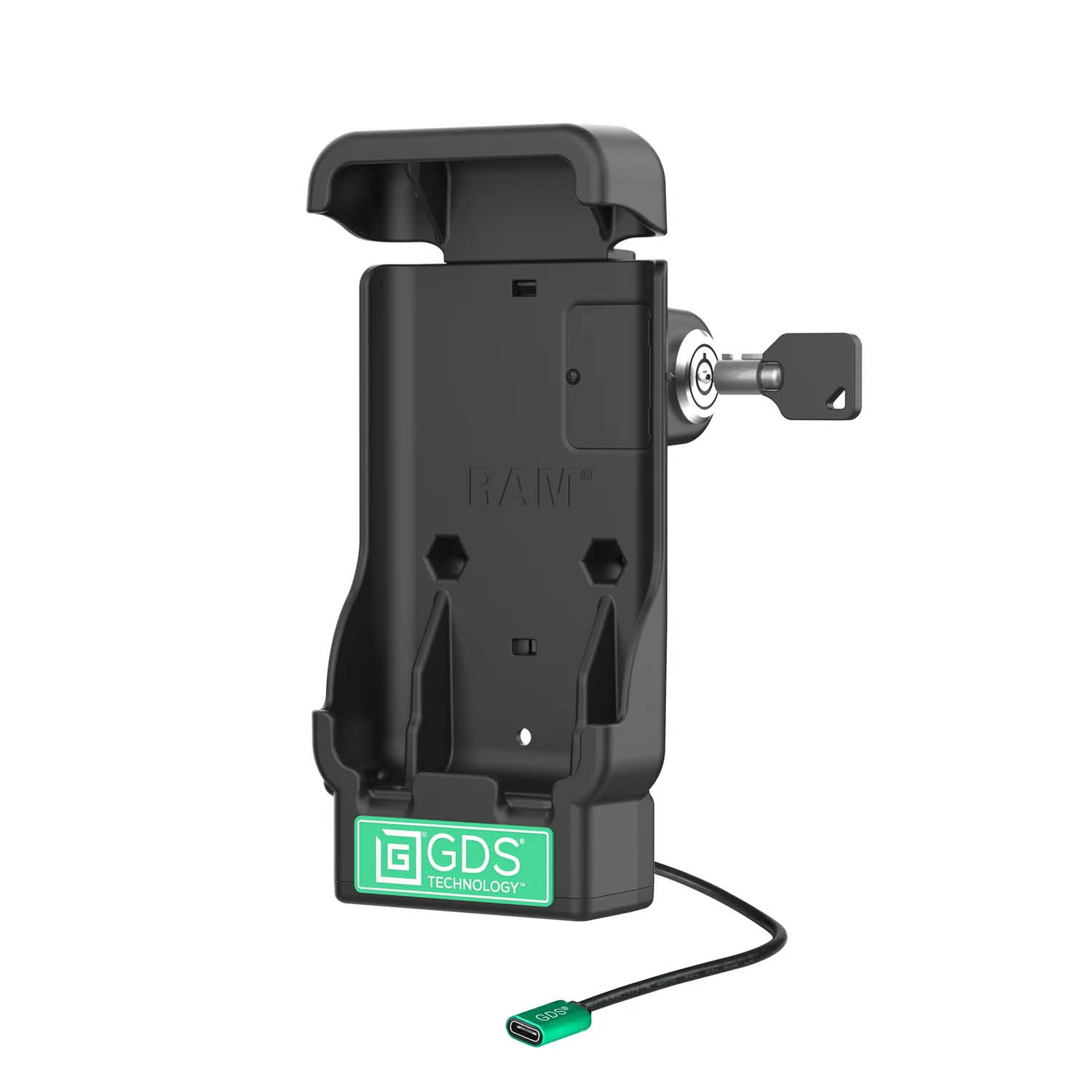 RAM Mounts GDS® Fahrzeug-Ladehalteschale für Samsung Galaxy S25 Ultra in IntelliSkin Ladeschutzhüllen - abschließbar (Schlüssel), USB-C, 2-Loch AMPS Aufnahme