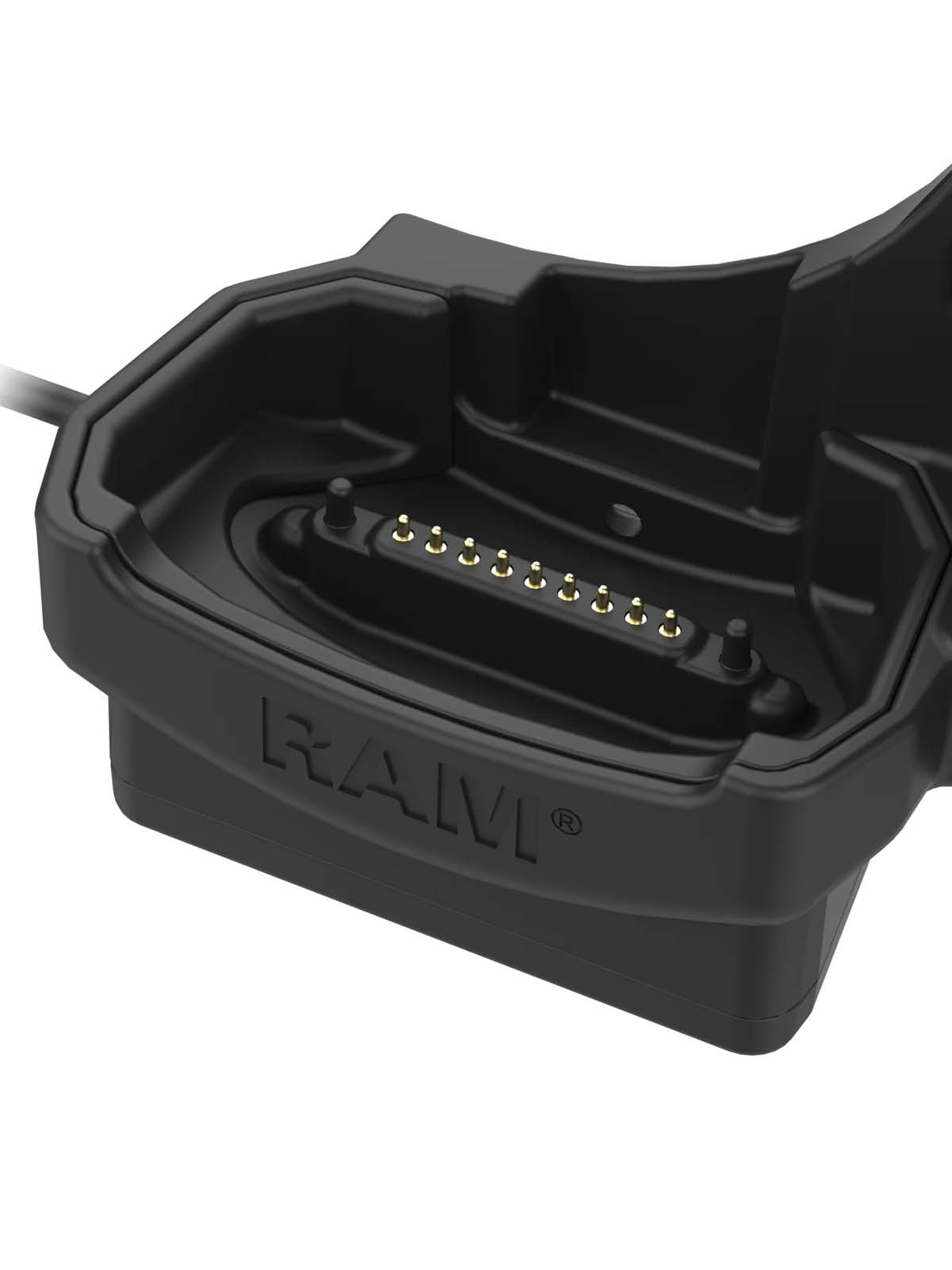 RAM Mounts Ladestation für Zebra MC9400/MC9300 - beheizte Pins, 5,5 mm Klinke Eingang, USB-A Ausgang, 2-Loch AMPS Aufnahme