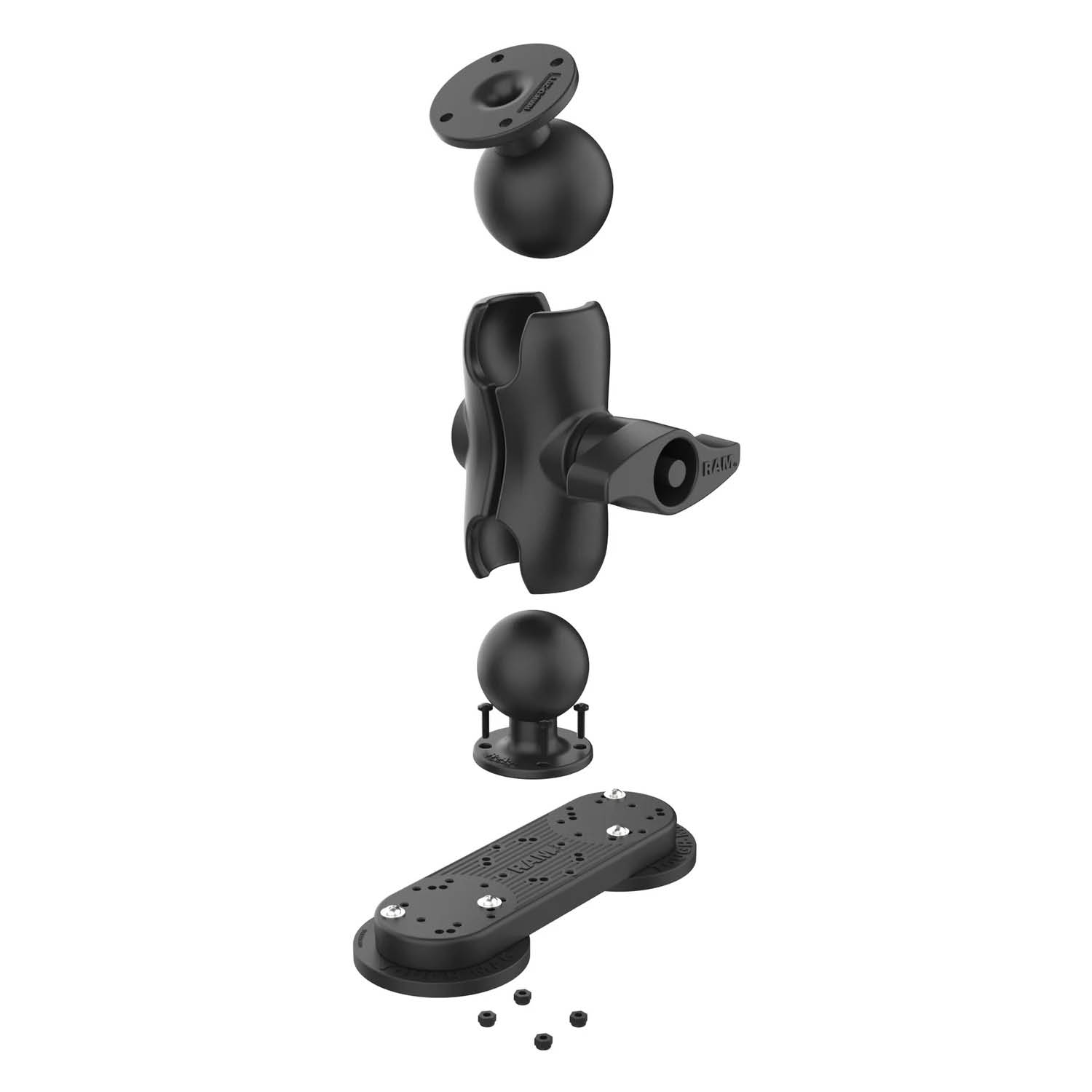 RAM Mounts Tough-Mag Doppelbasis mit Arm - D-Kugel (2,25 Zoll), kurzer Verbindungsarm, 4-Loch AMPS Lochraster