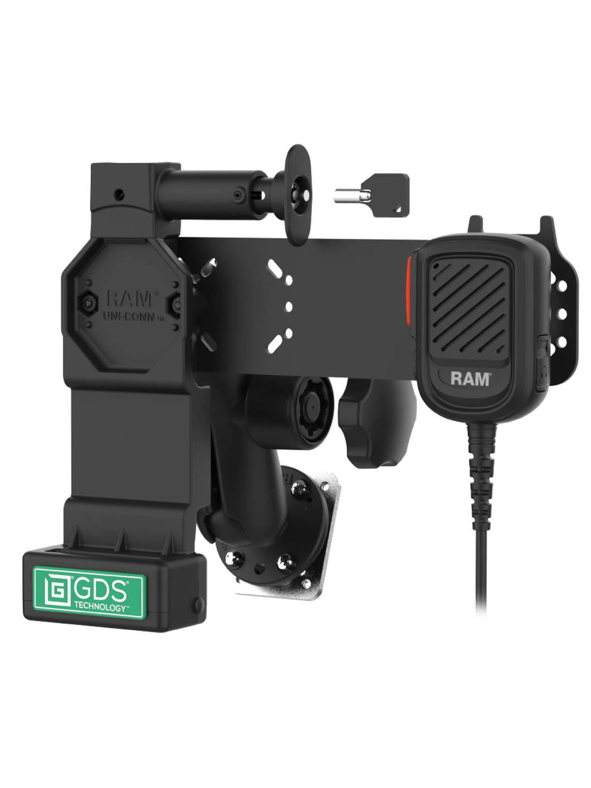 RAM Mounts GDS® Uni-Conn™ Fahrzeughalterung (abschließbar) inkl. PTT Mikrofon mit Lautsprecher für Zello - C-Kugel (1,5 Zoll), 4-Loch AMPS