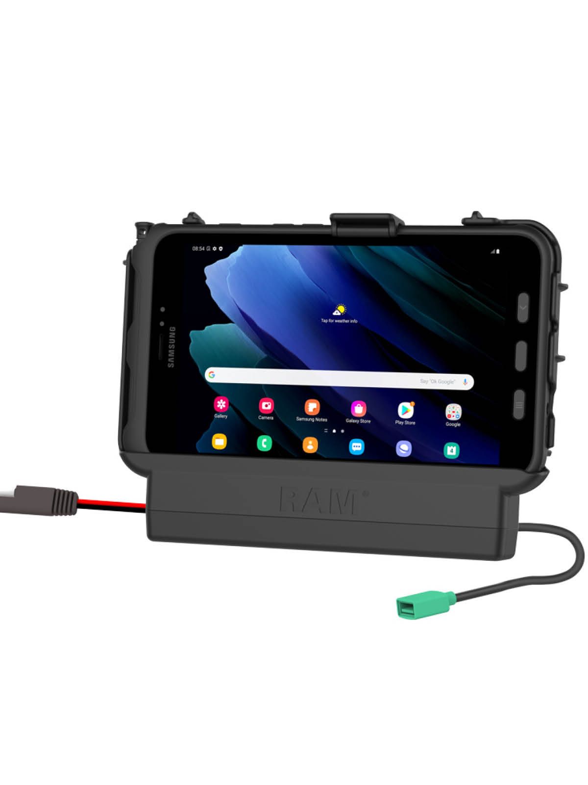 RAM Mounts EZ-Roll'r Halteschale für Samsung Tab Active3 & Active5 - In OEM/RAM Schutzhülle - Integrierter Lautsprecher - SAE & USB-A Anschluss
