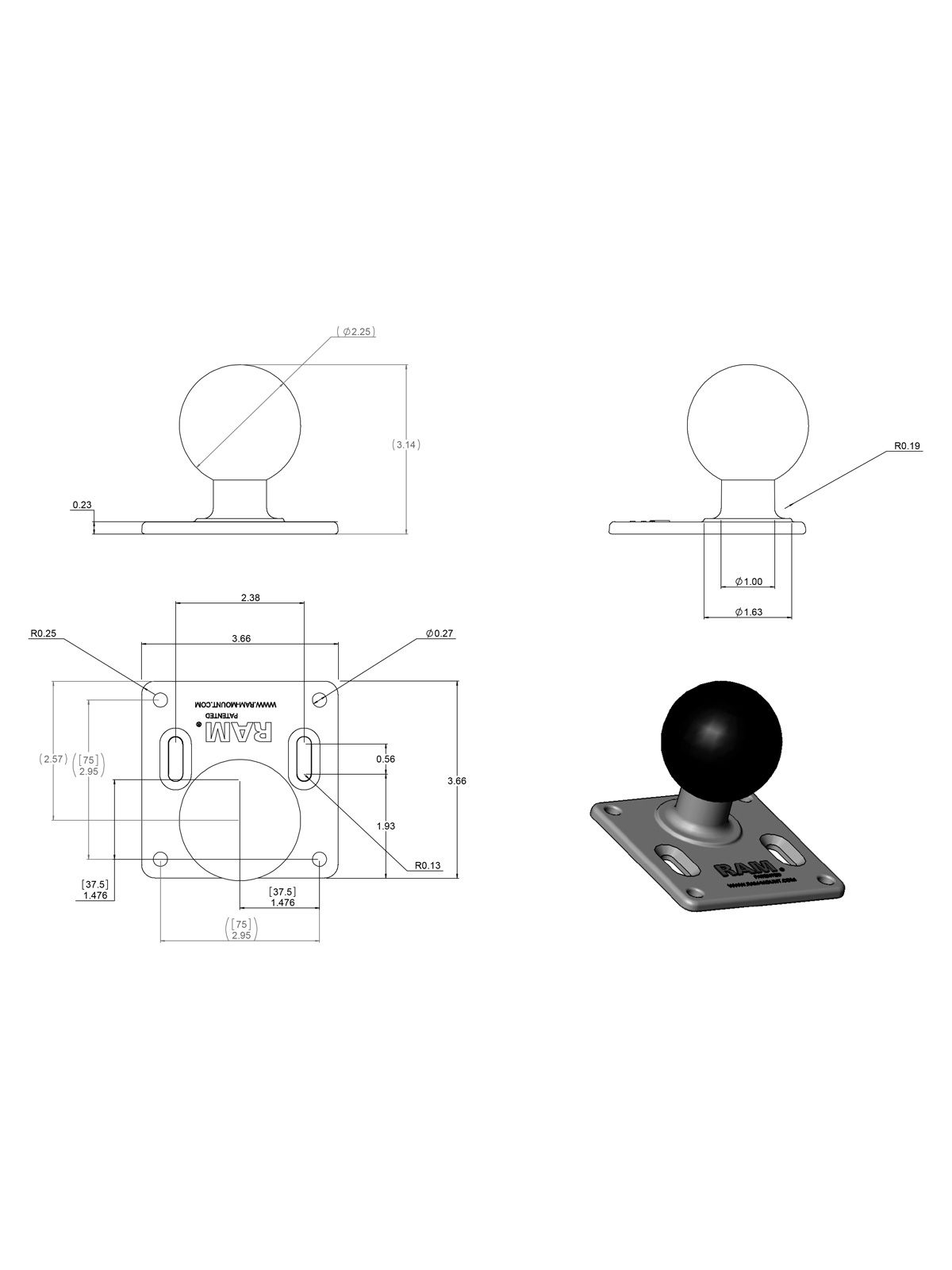 RAM Mounts VESA-Platte (3,625 x 3,625  Zoll) - 75 x 75 mm Lochraster, D-Kugel (2,25 Zoll), im Polybeutel