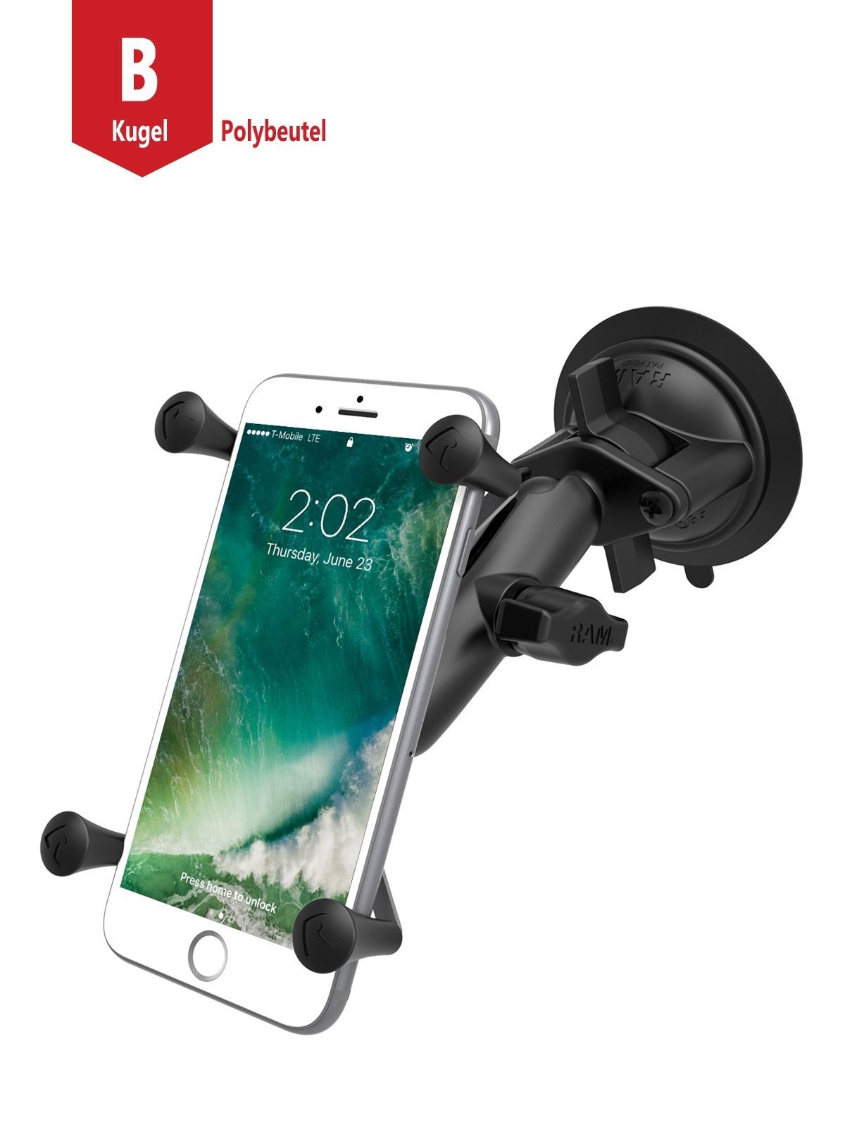 RAM Mounts X-Grip Saugfuss-Halterung für Smartphones bis 114,3 mm Breite - B-Kugel (1 Zoll), mittlerer Verbindungsarm