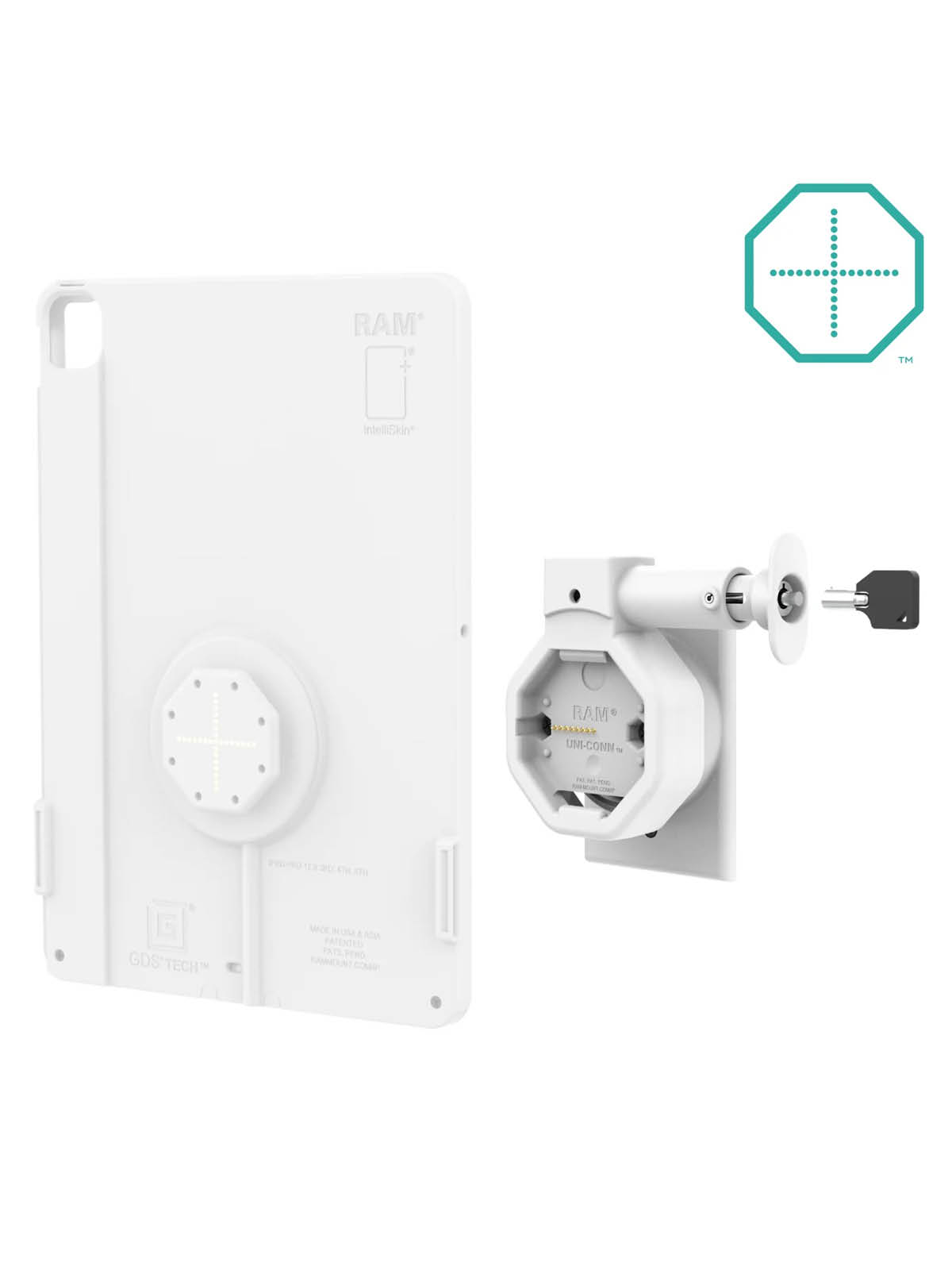 RAM Mounts GDS Uni-Conn Snap-In Wand-Ladestation mit PoE - Abschließbar - Rückseitige Pogo-Pads - JST-Stecker - hellgrau